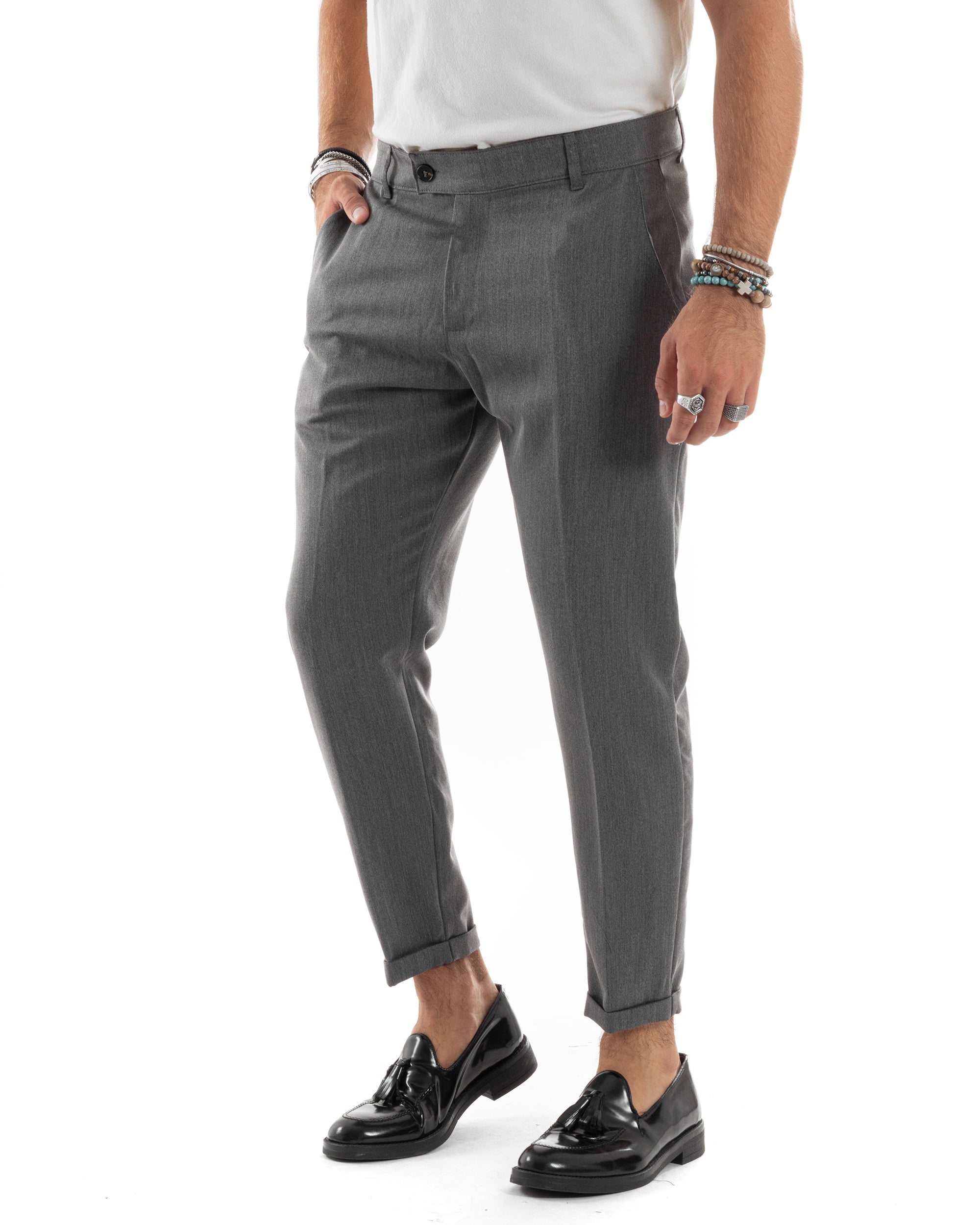 Pantaloni Uomo Viscosa Tasca America Classico Abbottonatura Allungata Casual Grigio GIOSAL-P6169A