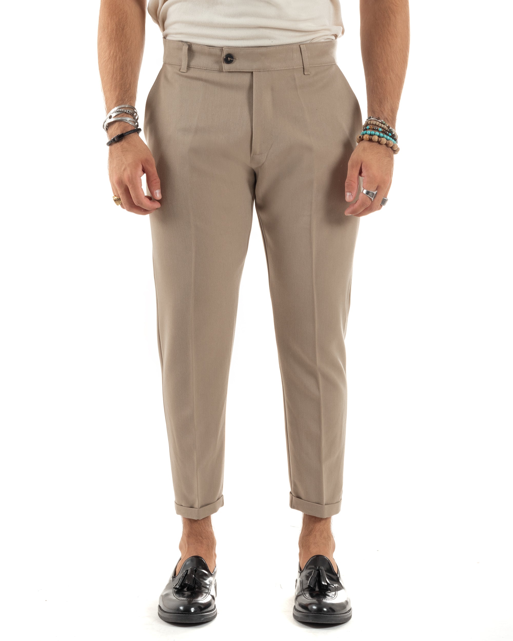 Pantaloni Uomo Viscosa Tasca America Classico Abbottonatura Allungata Casual Beige GIOSAL-P6170A