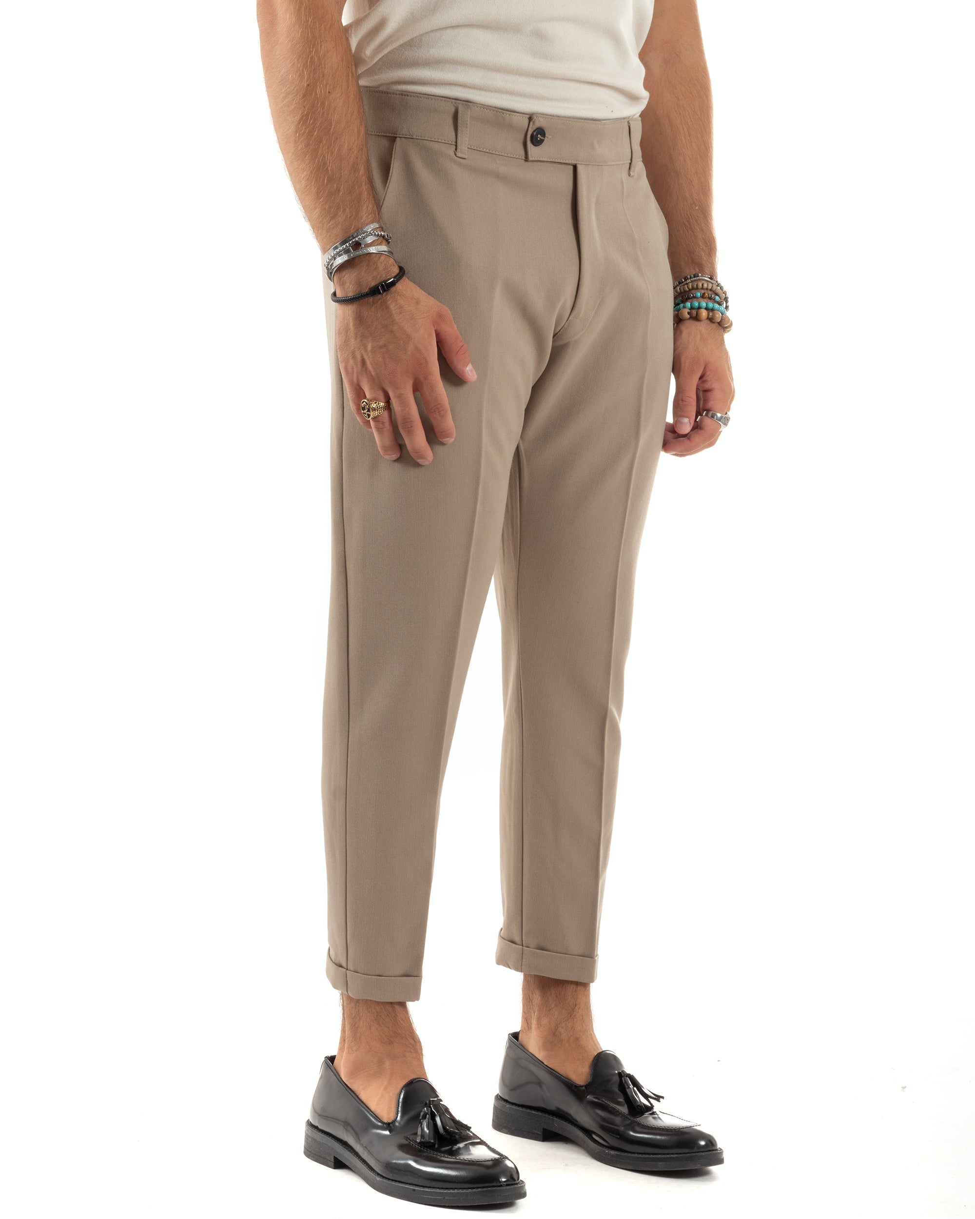 Pantaloni Uomo Viscosa Tasca America Classico Abbottonatura Allungata Casual Beige GIOSAL-P6170A