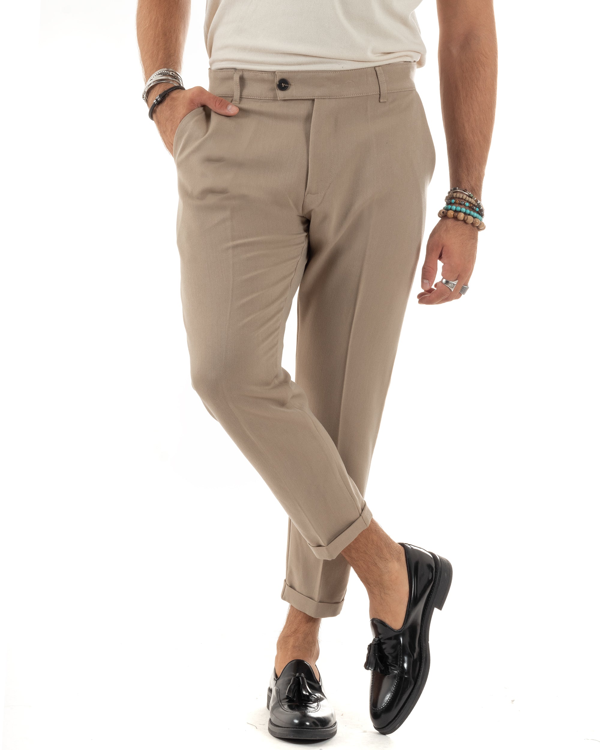 Pantaloni Uomo Viscosa Tasca America Classico Abbottonatura Allungata Casual Beige GIOSAL-P6170A