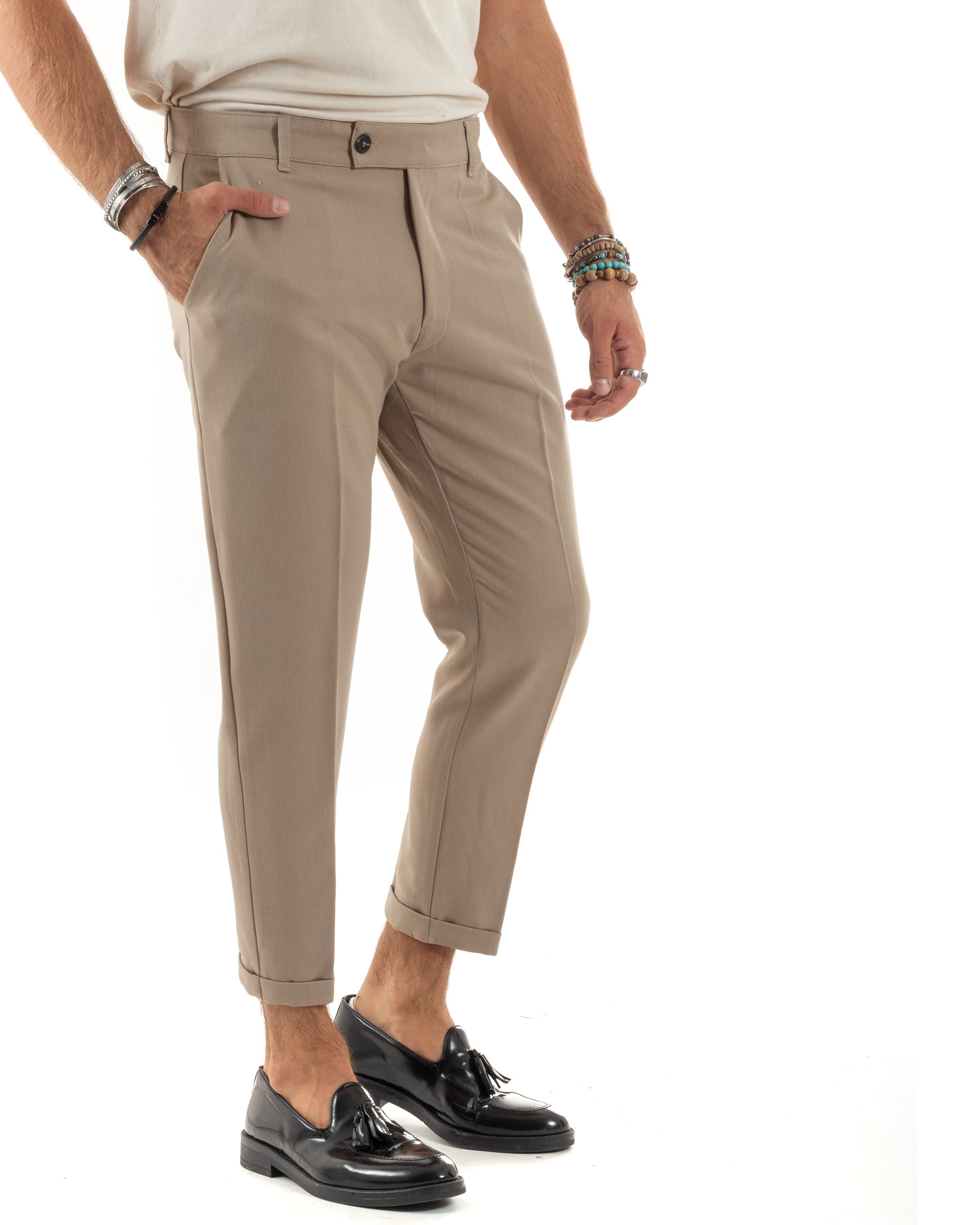 Pantaloni Uomo Viscosa Tasca America Classico Abbottonatura Allungata Casual Beige GIOSAL-P6170A