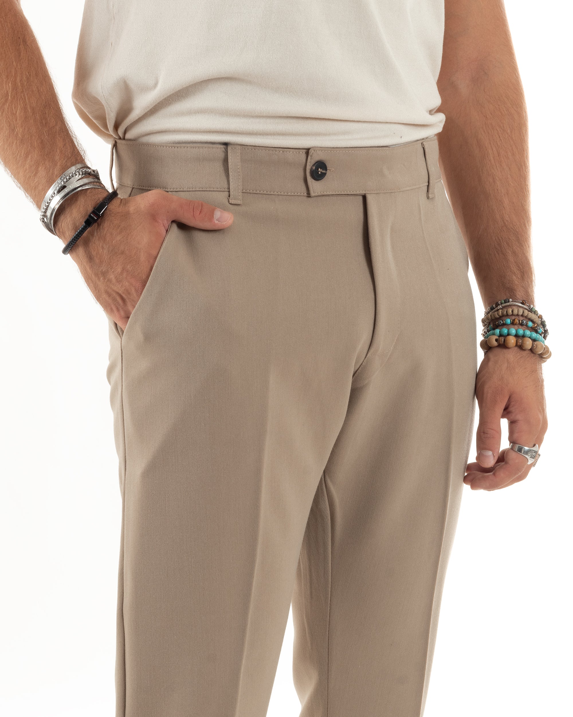 Pantaloni Uomo Viscosa Tasca America Classico Abbottonatura Allungata Casual Beige GIOSAL-P6170A