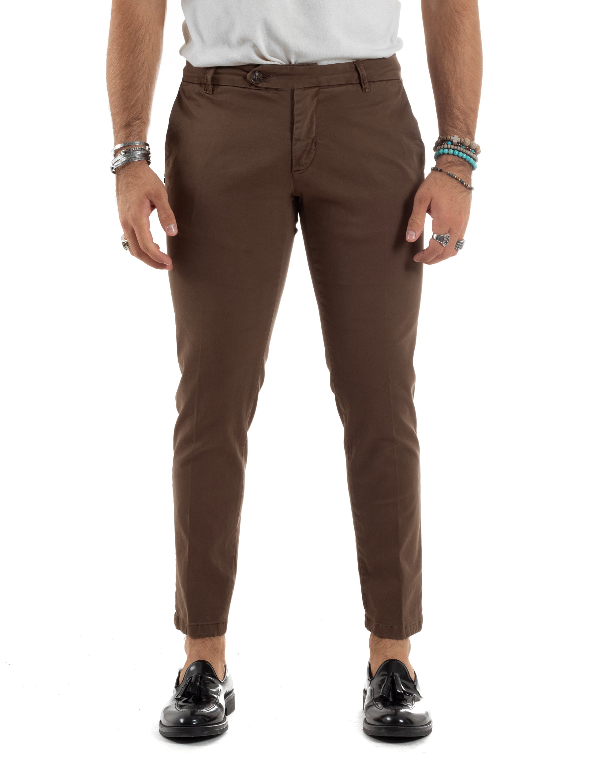 Pantaloni Uomo Tasca America Con Abbottonatura Allungata Cotone Invernale Capri Sartoriale Slim Marrone GIOSAL-P6171A