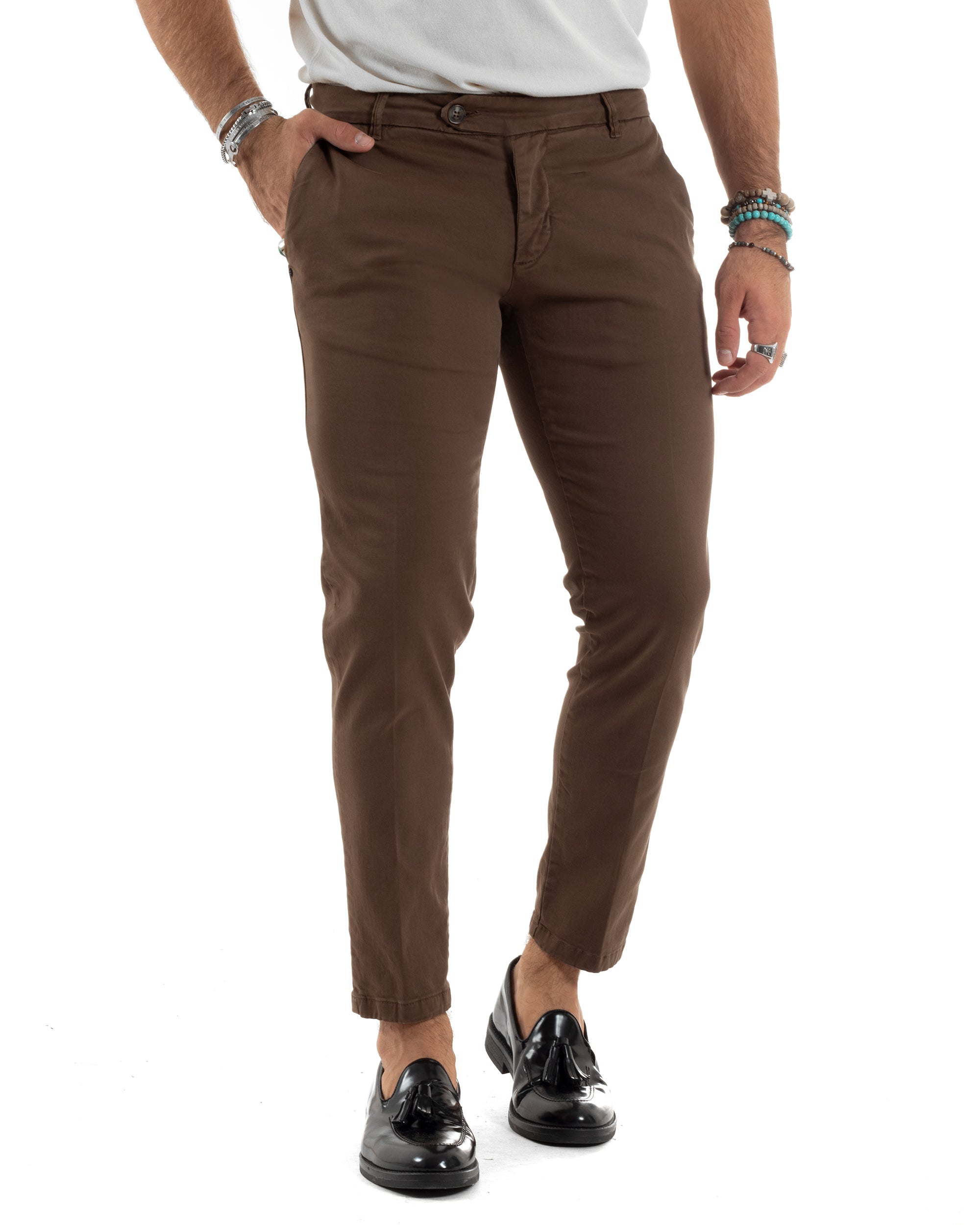 Pantaloni Uomo Tasca America Con Abbottonatura Allungata Cotone Invernale Capri Sartoriale Slim Marrone GIOSAL-P6171A