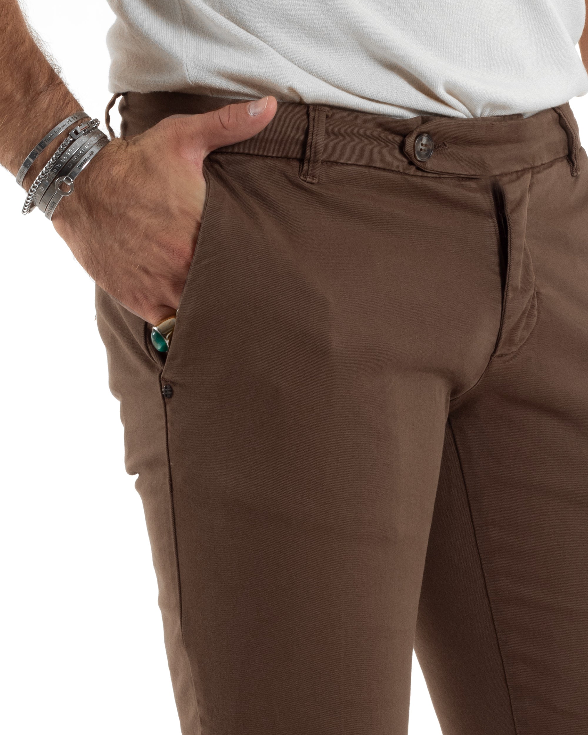 Pantaloni Uomo Tasca America Con Abbottonatura Allungata Cotone Invernale Capri Sartoriale Slim Marrone GIOSAL-P6171A