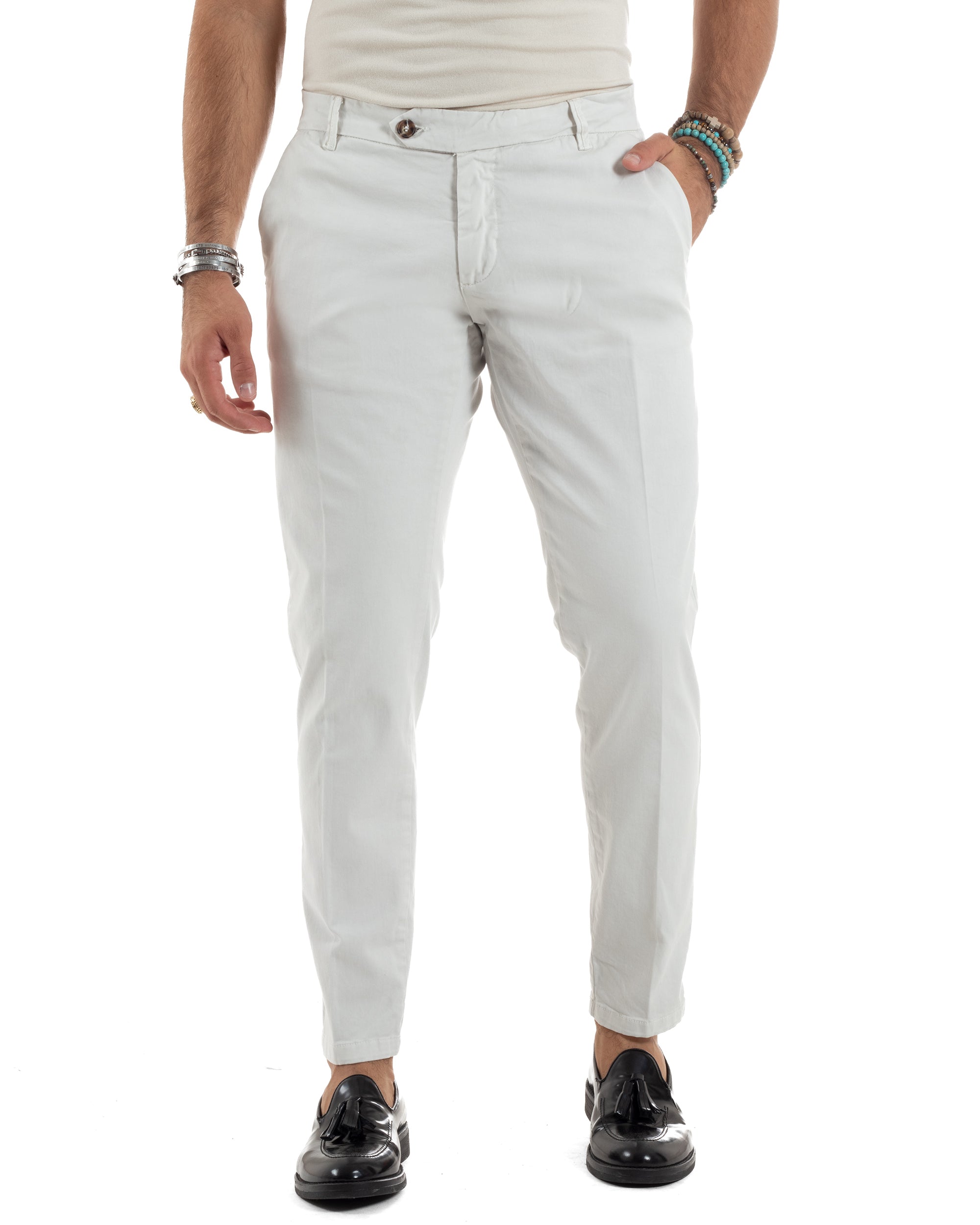 Pantaloni Uomo Tasca America Con Abbottonatura Allungata Cotone Invernale Capri Sartoriale Slim Bianco GIOSAL-P6173A