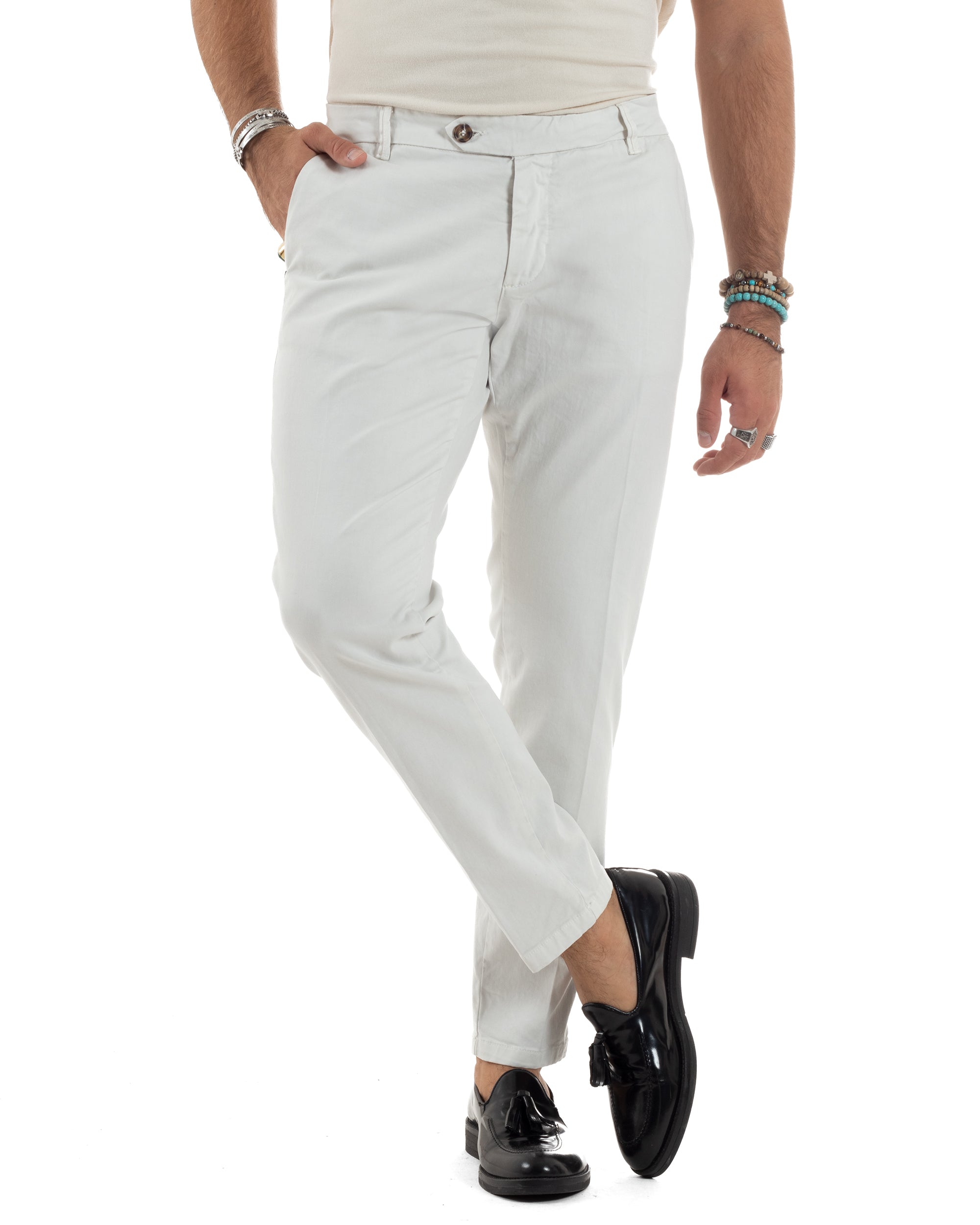 Pantaloni Uomo Tasca America Con Abbottonatura Allungata Cotone Invernale Capri Sartoriale Slim Bianco GIOSAL-P6173A