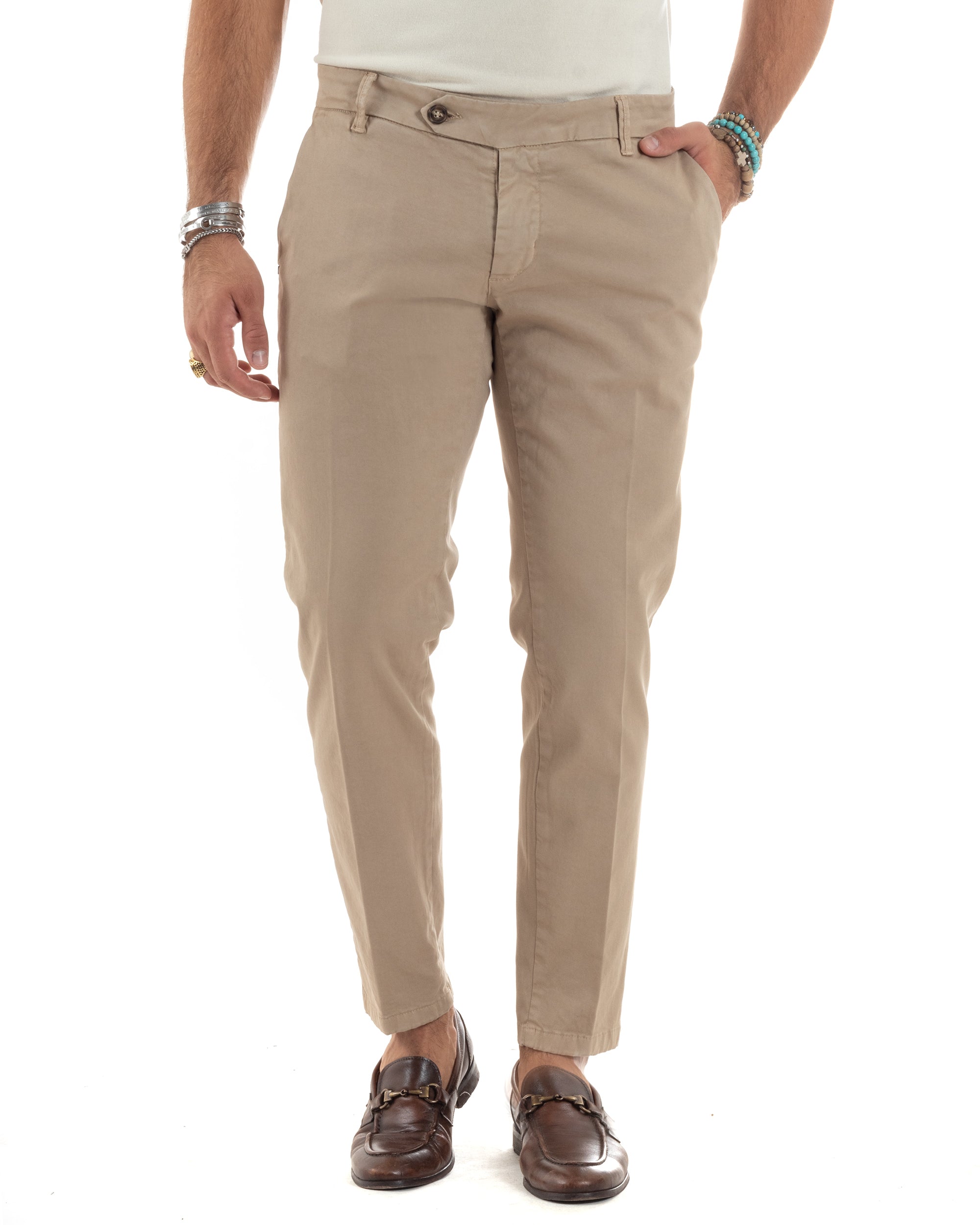 Pantaloni Uomo Tasca America Con Abbottonatura Allungata Cotone Invernale Capri Sartoriale Slim Beige GIOSAL-P6174A