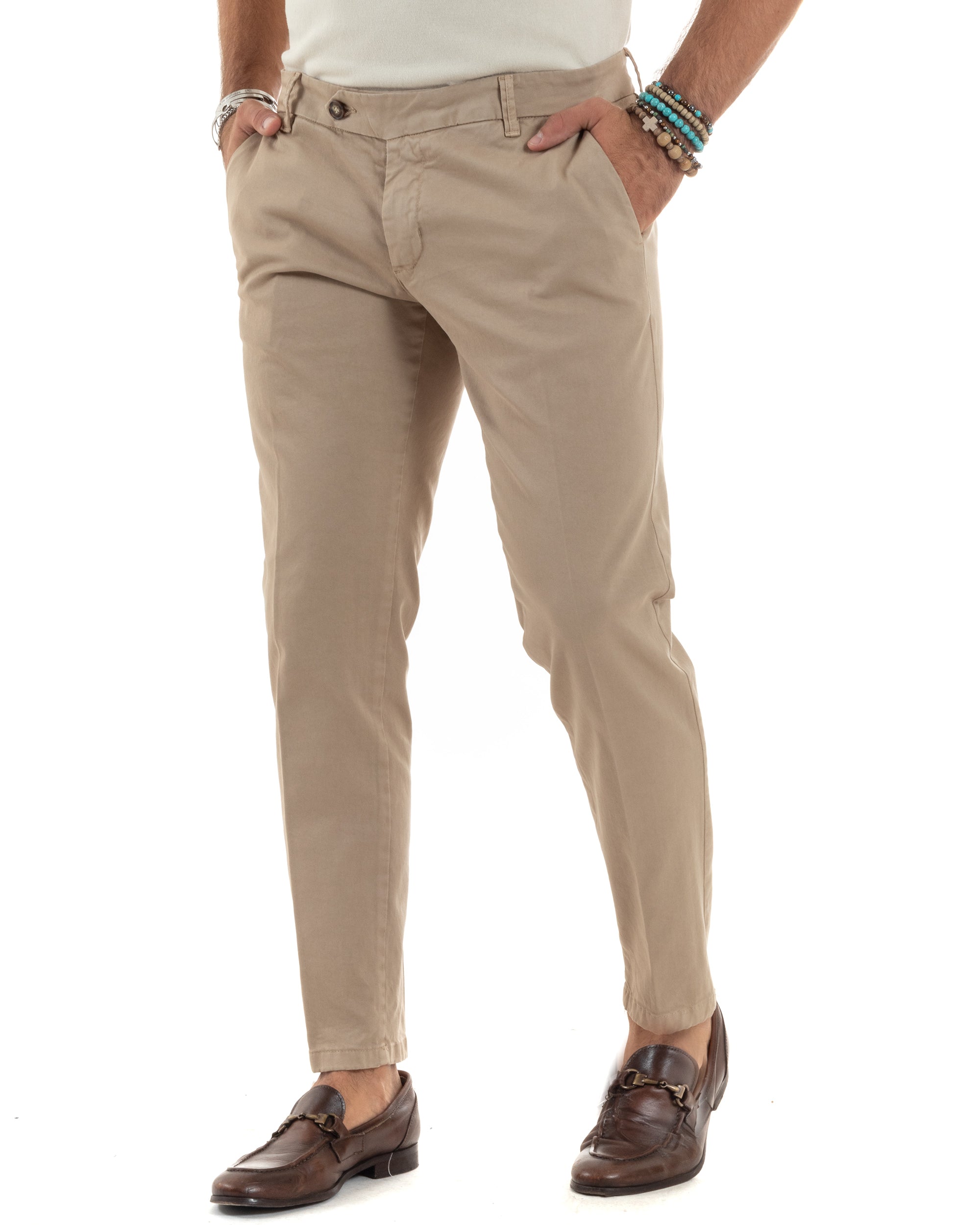 Pantaloni Uomo Tasca America Con Abbottonatura Allungata Cotone Invernale Capri Sartoriale Slim Beige GIOSAL-P6174A