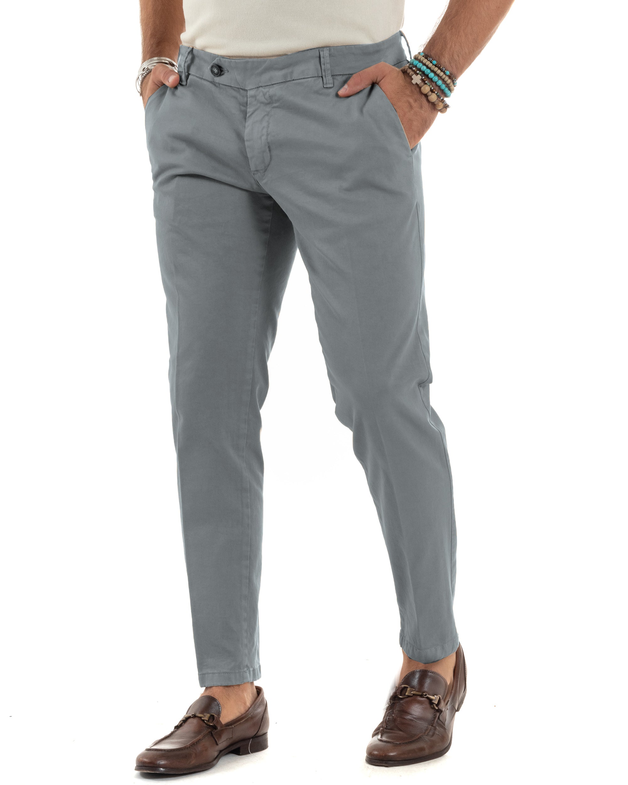 Pantaloni Uomo Tasca America Con Abbottonatura Allungata Cotone Invernale Capri Sartoriale Slim Grigio GIOSAL-P6175A