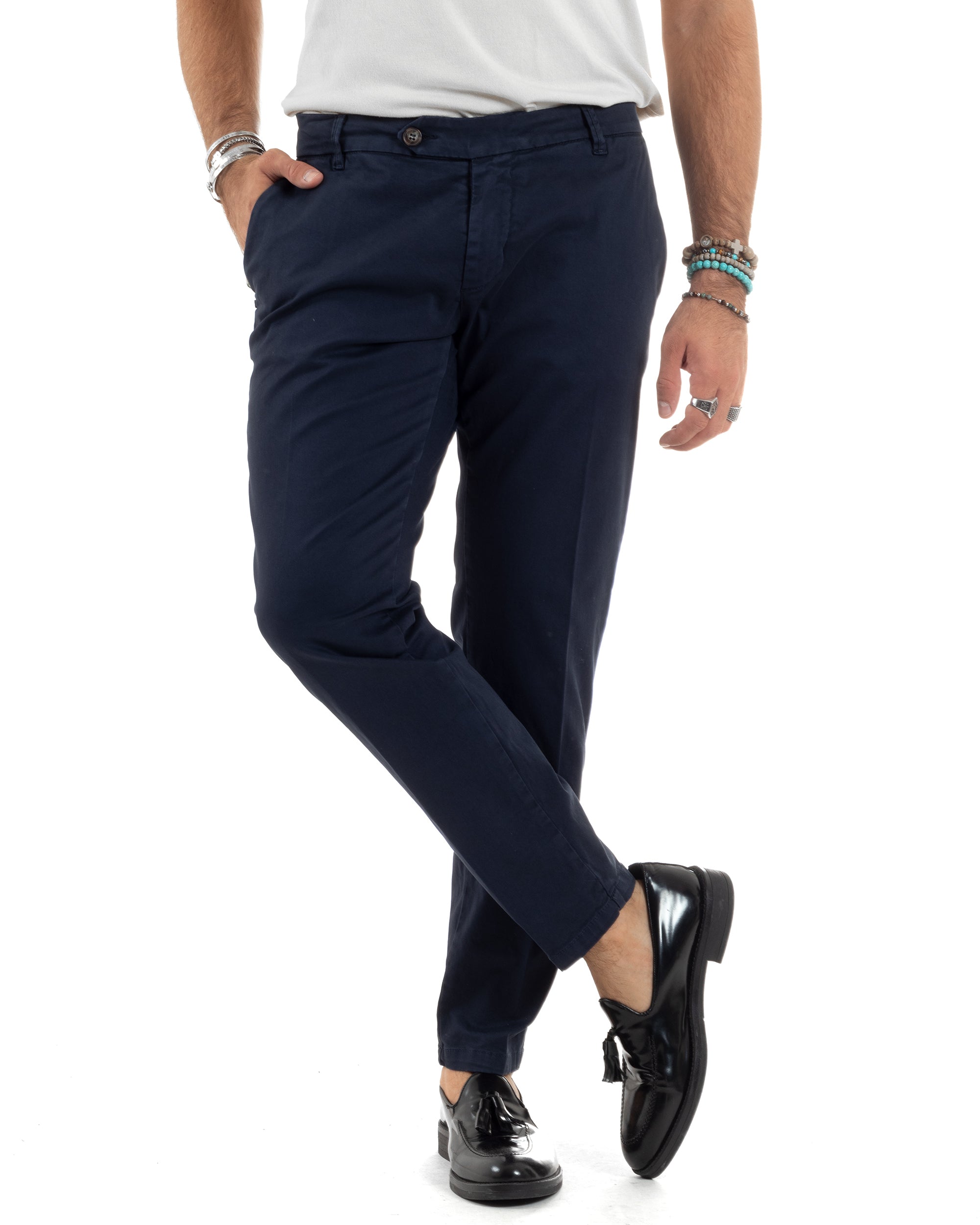 Pantaloni Uomo Tasca America Con Abbottonatura Allungata Cotone Invernale Capri Sartoriale Slim Blu GIOSAL-P6176A