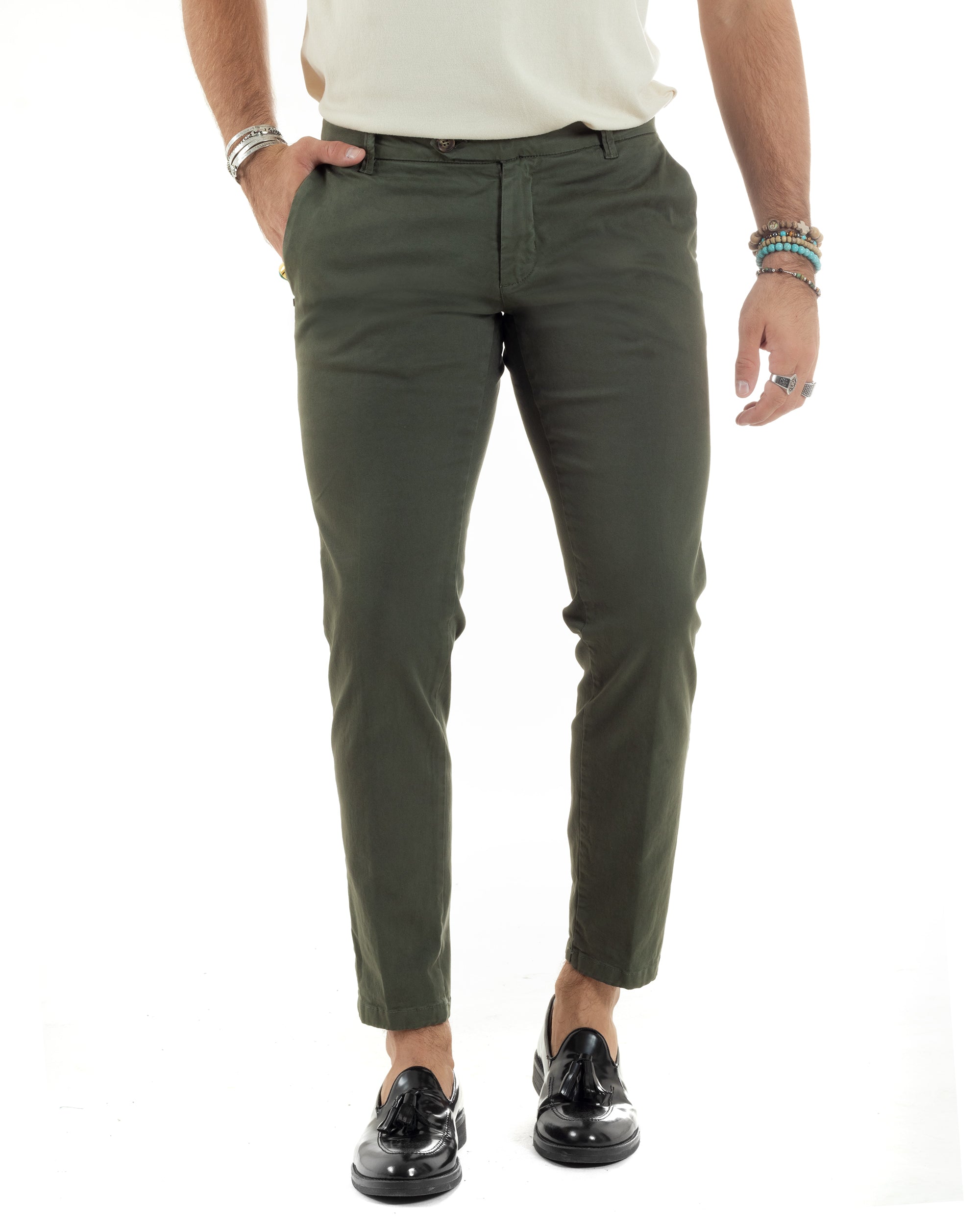 Pantaloni Uomo Tasca America Con Abbottonatura Allungata Cotone Invernale Capri Sartoriale Slim Verde GIOSAL-P6177A