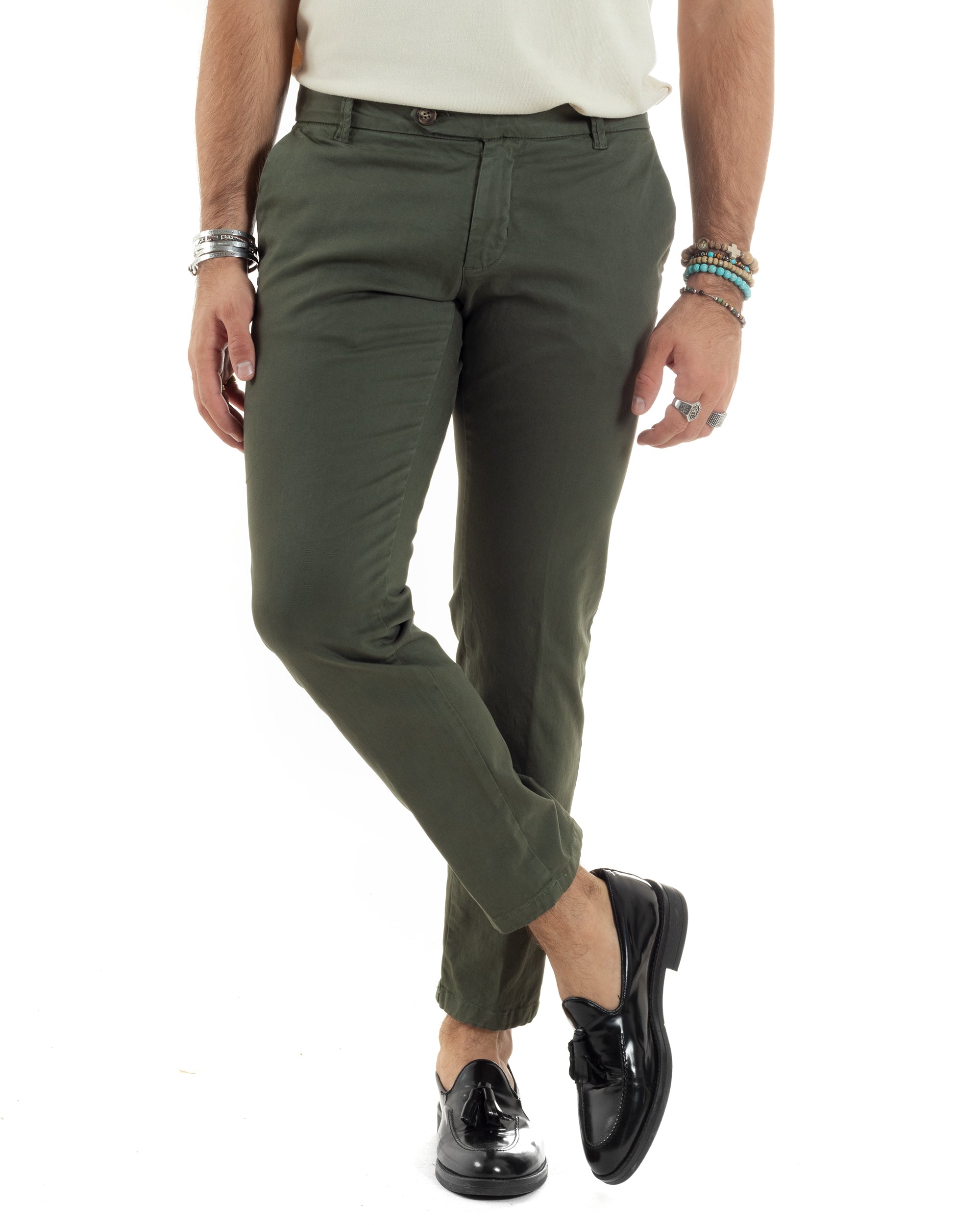 Pantaloni Uomo Tasca America Con Abbottonatura Allungata Cotone Invernale Capri Sartoriale Slim Verde GIOSAL-P6177A