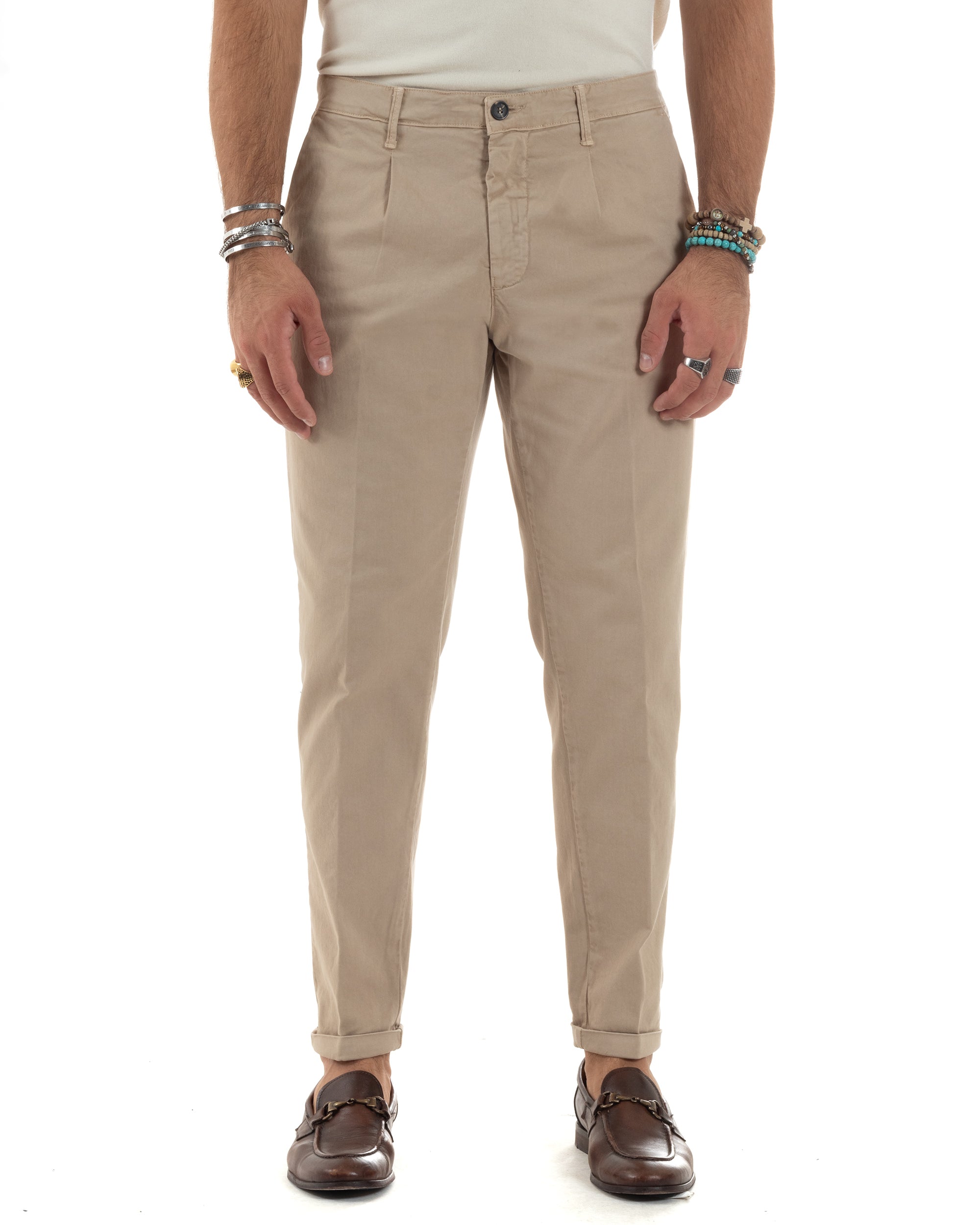 Pantaloni Uomo Tasca America Chinos Cotone Invernale Capri Basic Sartoriale Slim Fit Casual Beige GIOSAL-P6179A