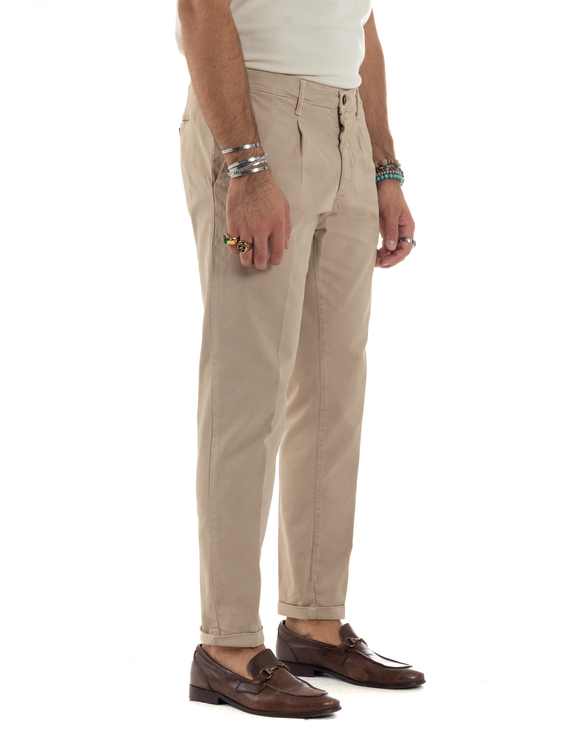 Pantaloni Uomo Tasca America Chinos Cotone Invernale Capri Basic Sartoriale Slim Fit Casual Beige GIOSAL-P6179A