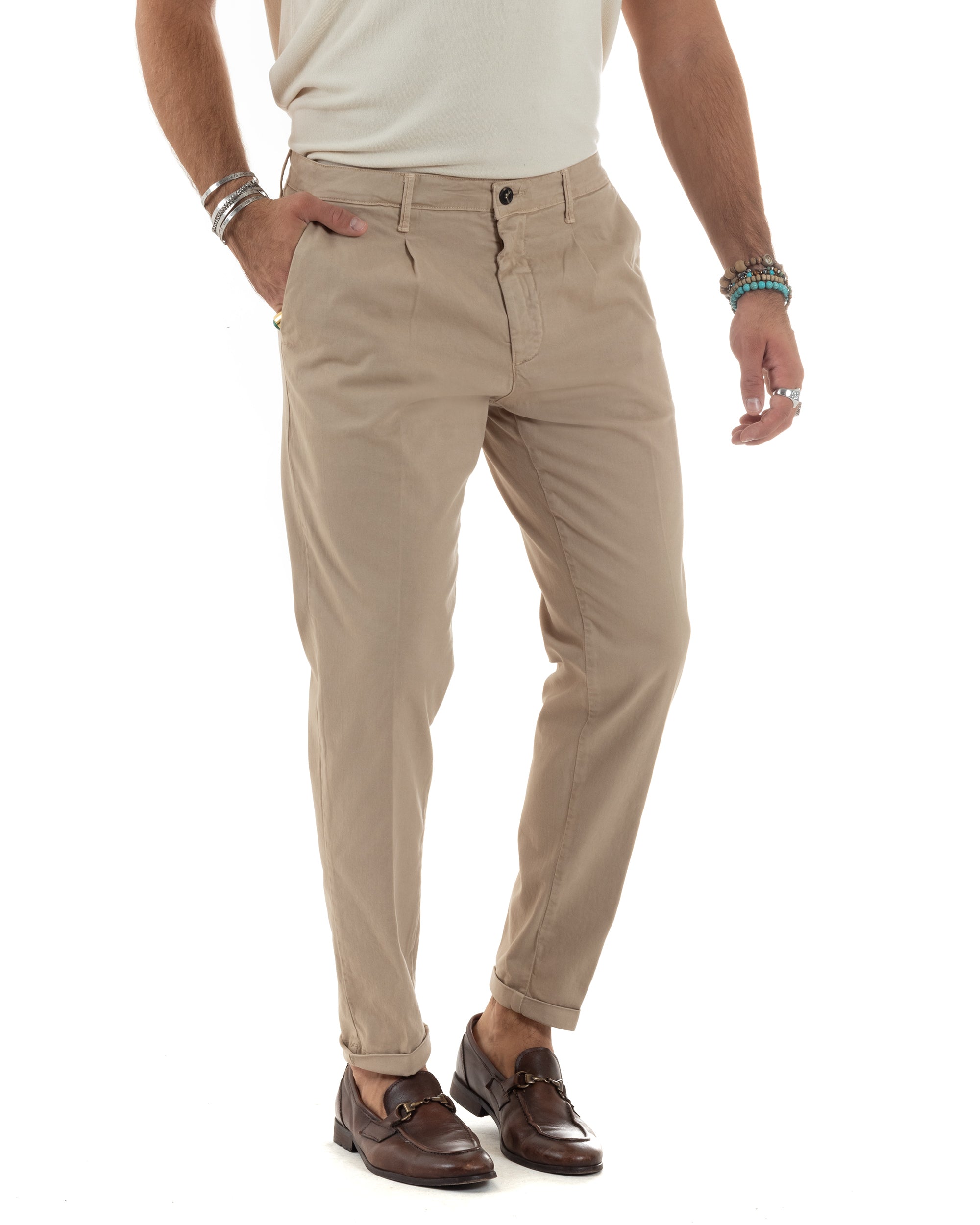 Pantaloni Uomo Tasca America Chinos Cotone Invernale Capri Basic Sartoriale Slim Fit Casual Beige GIOSAL-P6179A