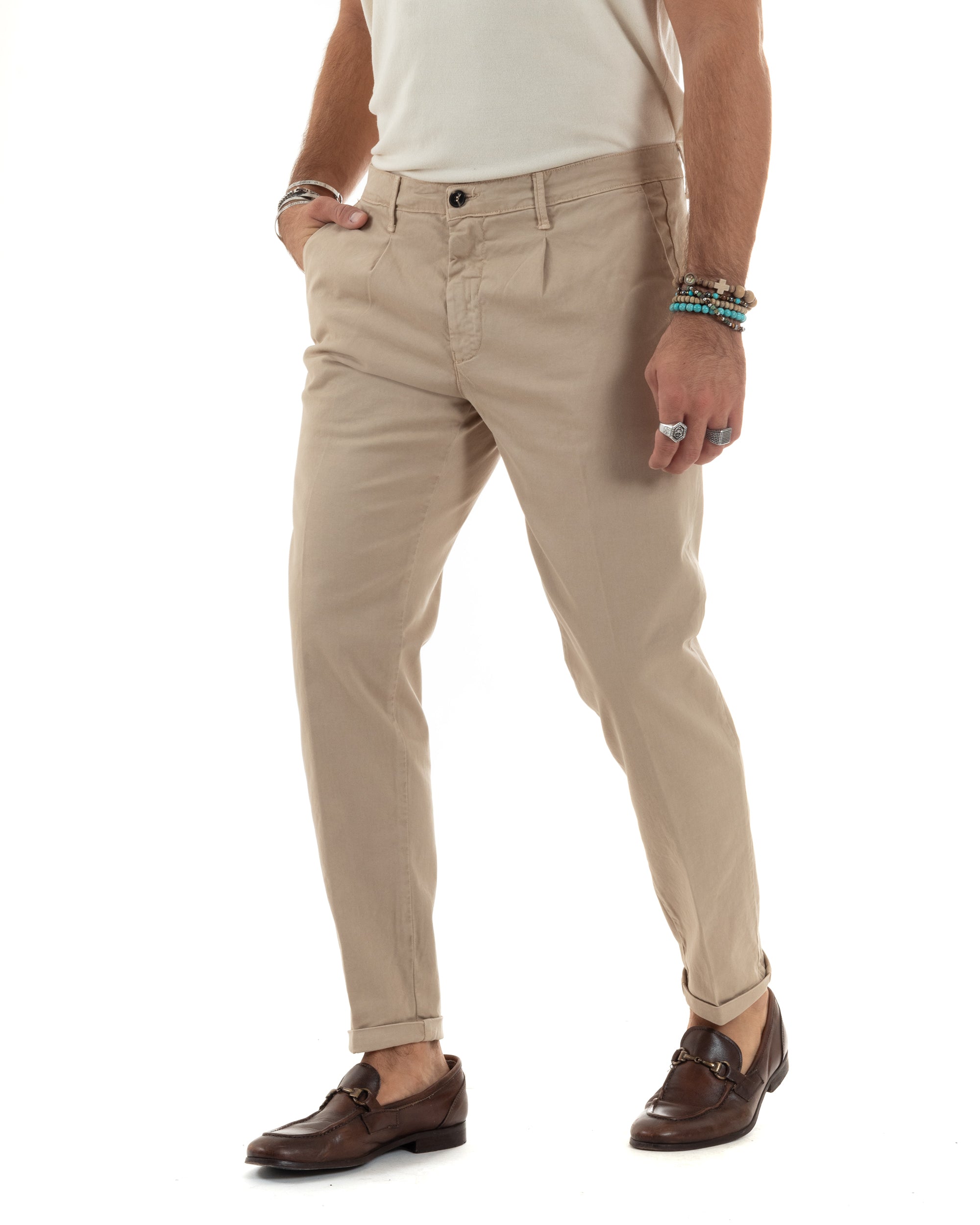 Pantaloni Uomo Tasca America Chinos Cotone Invernale Capri Basic Sartoriale Slim Fit Casual Beige GIOSAL-P6179A