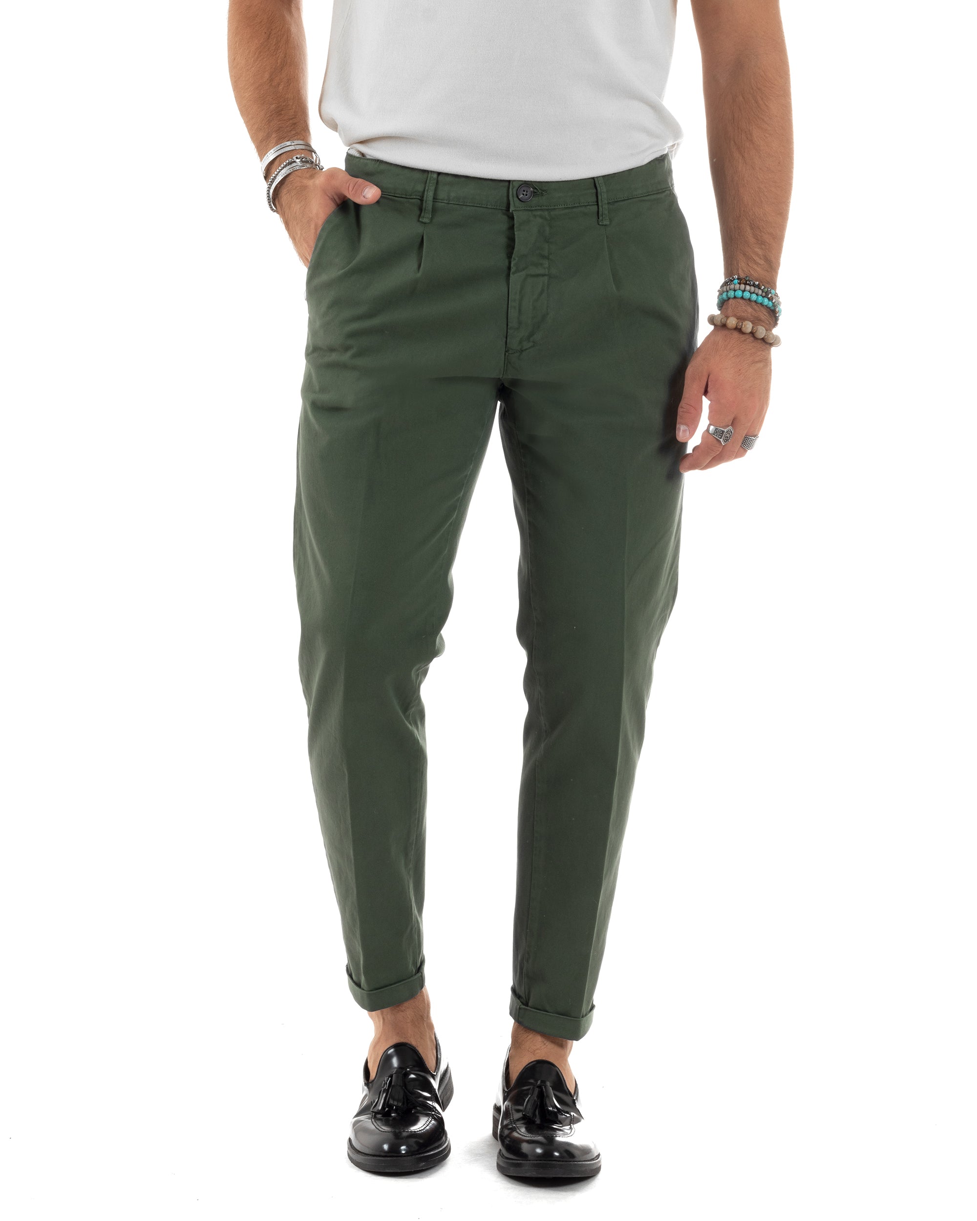 Pantaloni Uomo Tasca America Chinos Cotone Invernale Capri Basic Sartoriale Slim Fit Casual Verde GIOSAL-P6181A