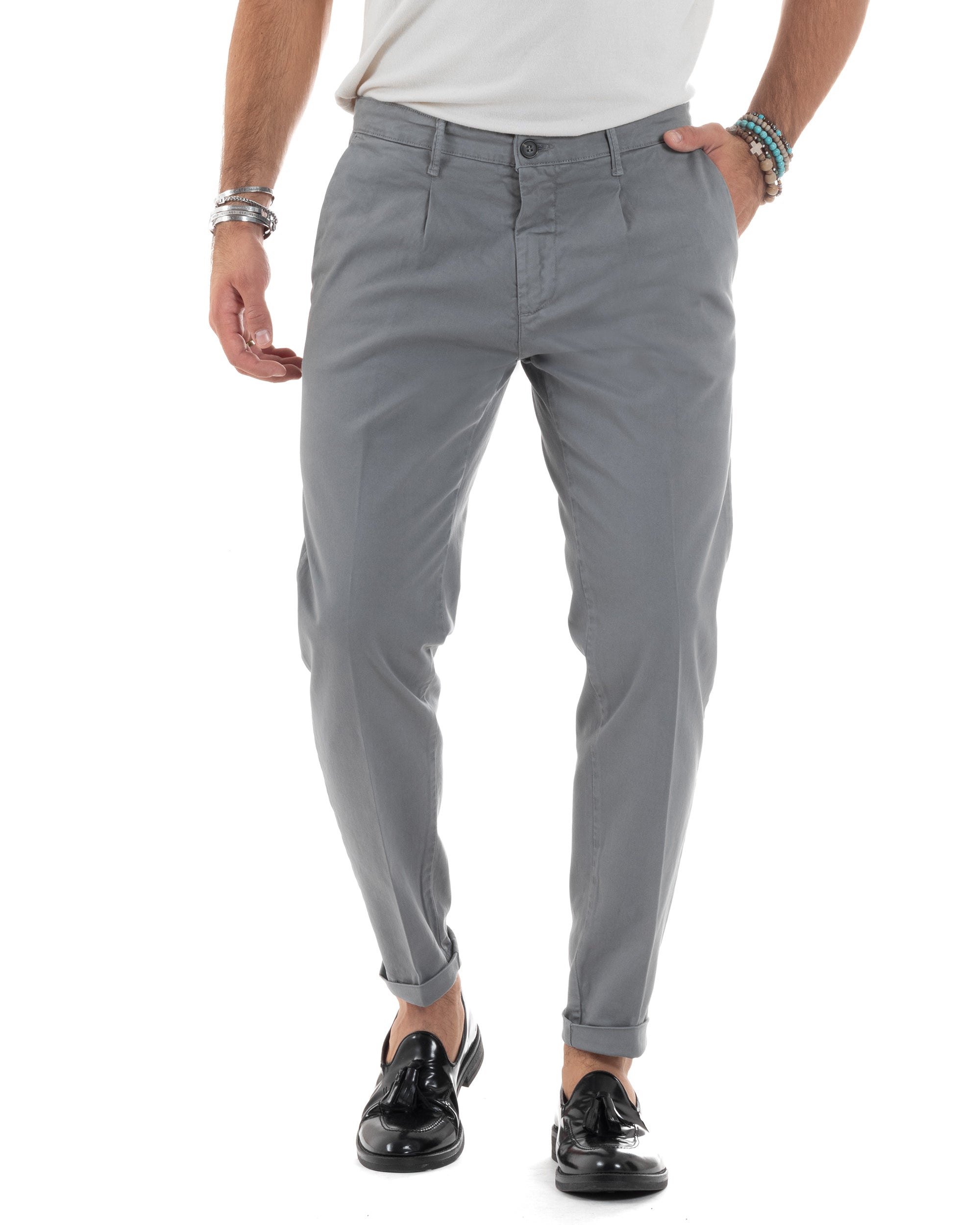 Pantaloni Uomo Tasca America Chinos Cotone Invernale Capri Basic Sartoriale Slim Fit Casual Grigio GIOSAL-P6182A