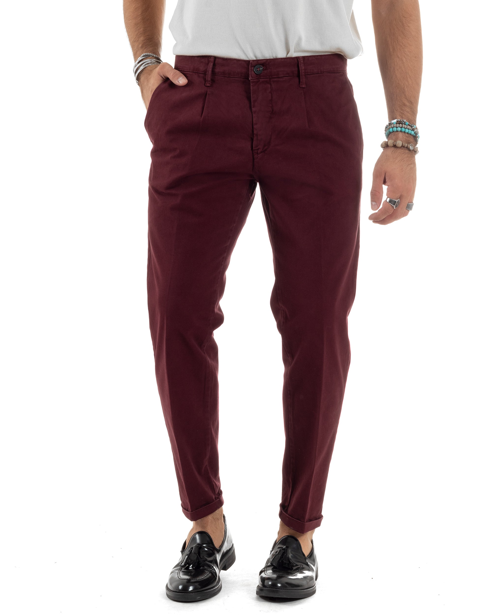 Pantaloni Uomo Tasca America Chinos Cotone Invernale Capri Basic Sartoriale Slim Fit Casual Bordeaux GIOSAL-P6186A