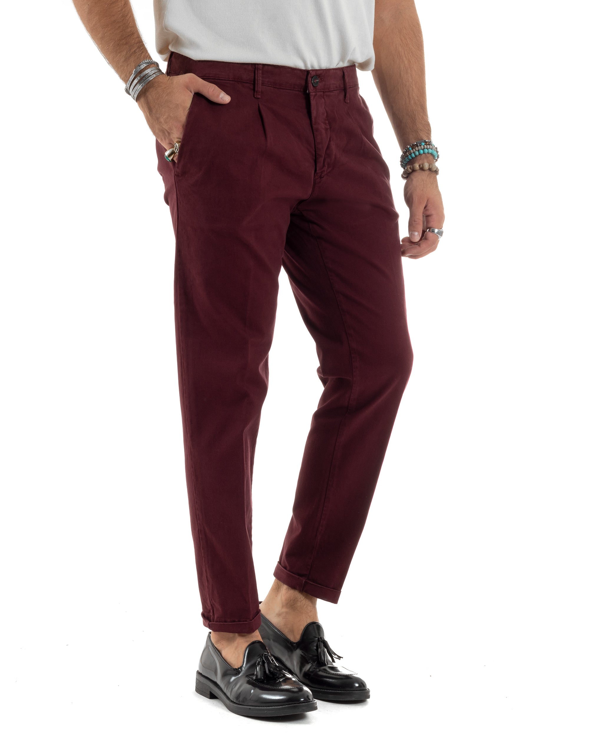 Pantaloni Uomo Tasca America Chinos Cotone Invernale Capri Basic Sartoriale Slim Fit Casual Bordeaux GIOSAL-P6186A