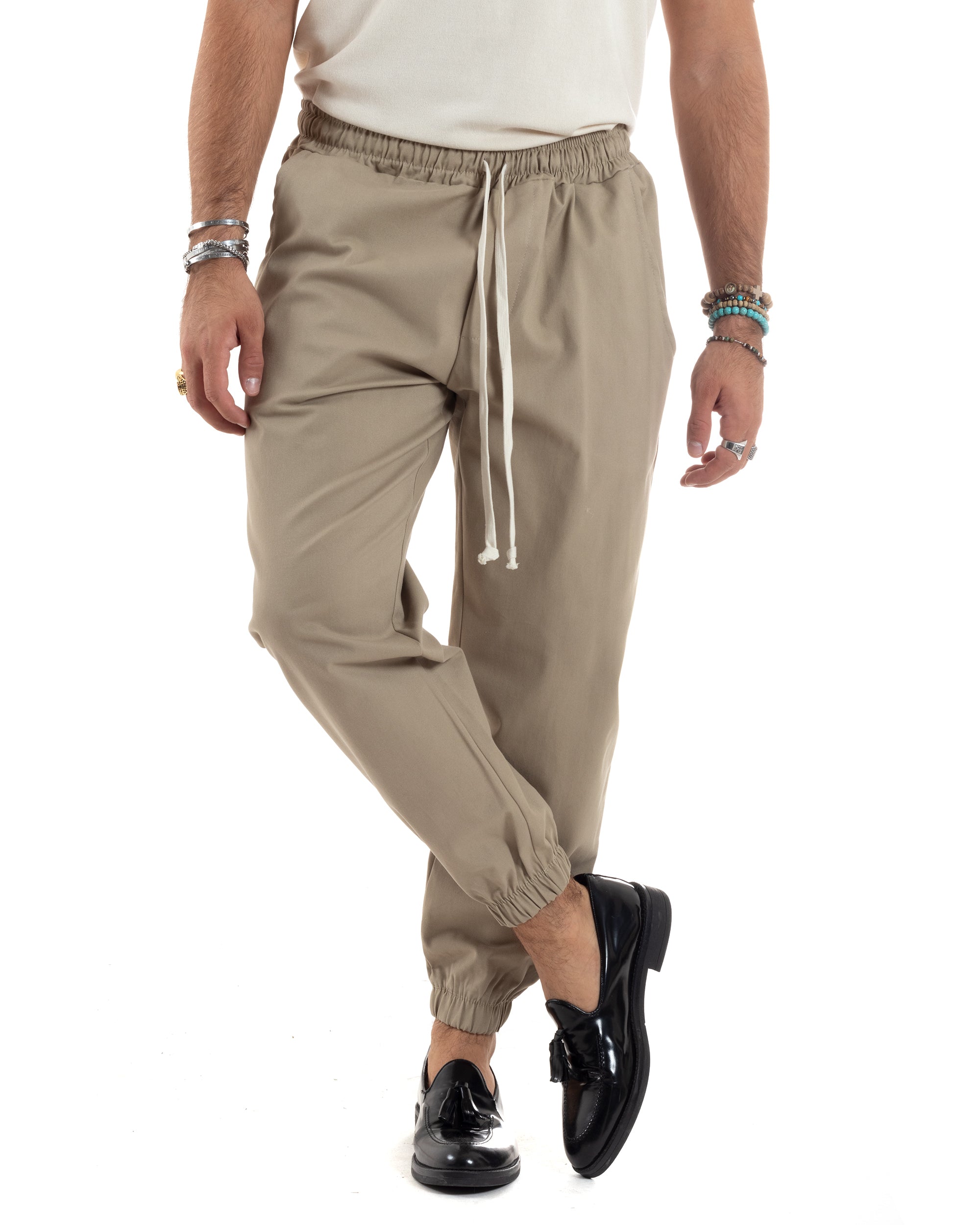 Pantaloni Uomo Con Coulisse Molla Pantalaccio Con Pinces Cotone Gabardina Elastico Al Fondo Regular Fit Beige GIOSAL-P6187A