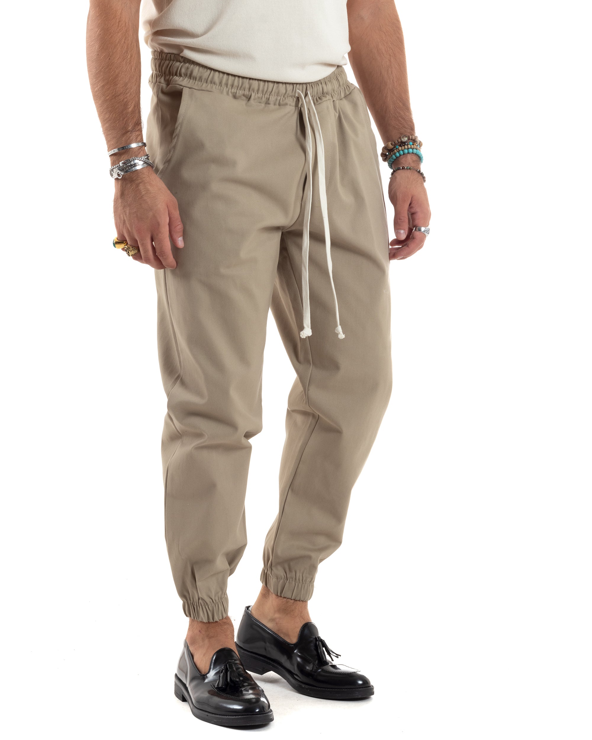 Pantaloni Uomo Con Coulisse Molla Pantalaccio Con Pinces Cotone Gabardina Elastico Al Fondo Regular Fit Beige GIOSAL-P6187A