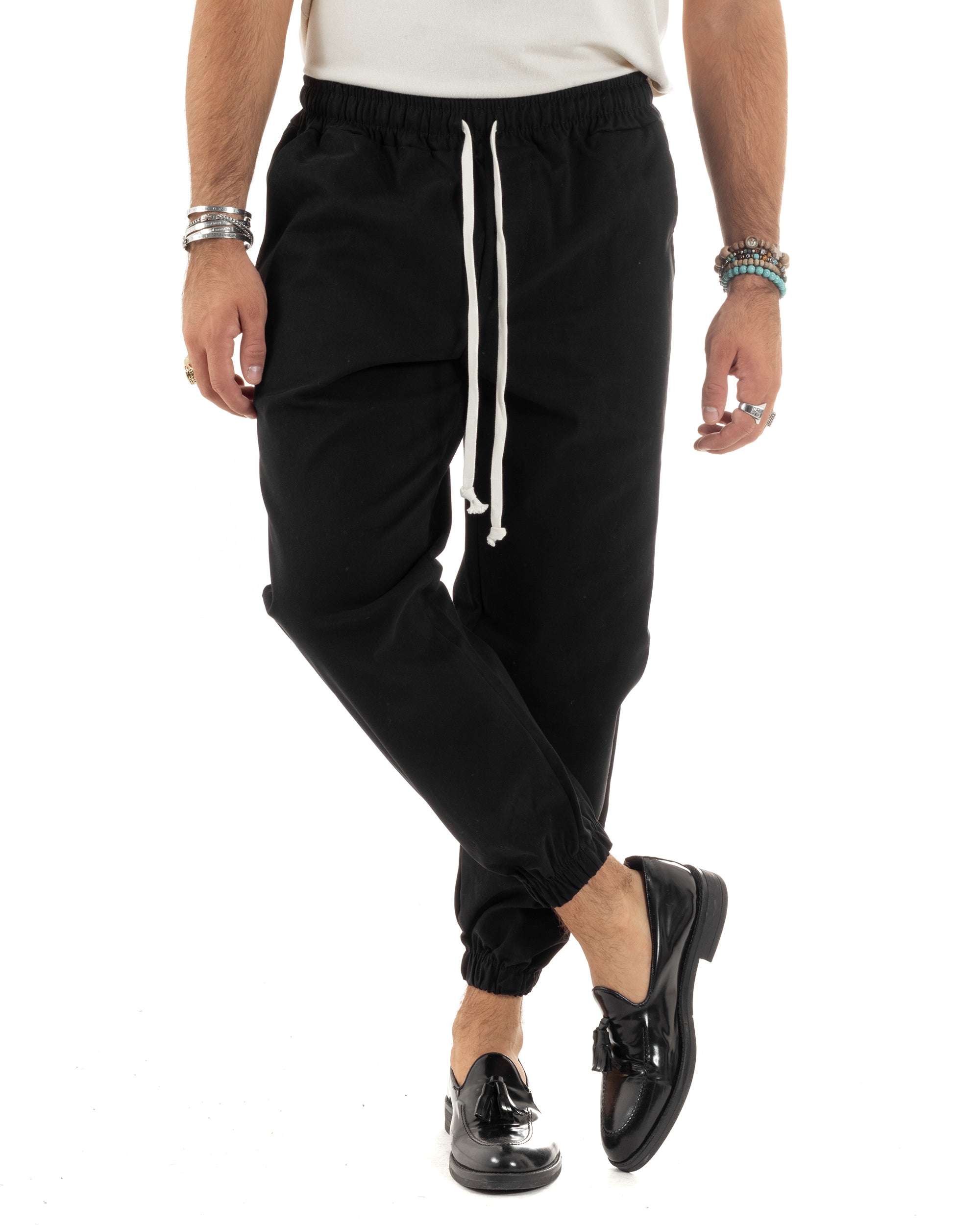 Pantaloni Uomo Con Coulisse Molla Pantalaccio Con Pinces Cotone Gabardina Elastico Al Fondo Regular Fit Nero GIOSAL-P6188A