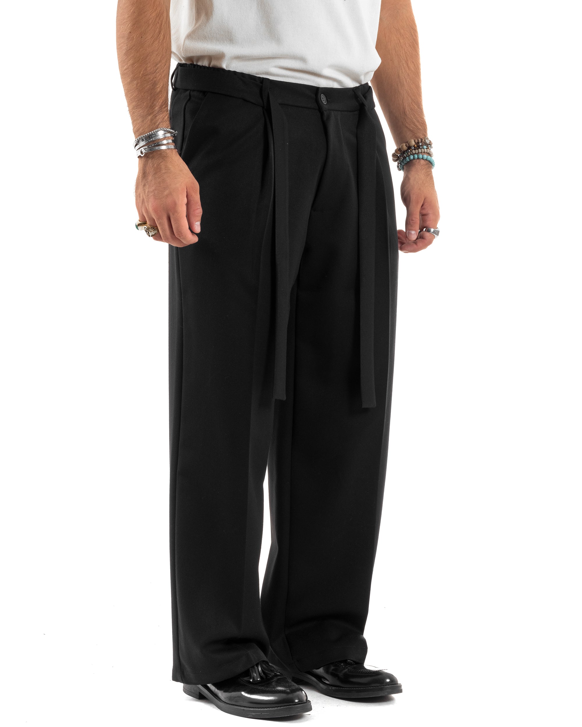 Pantaloni Uomo Viscosa Palazzo Fondo Ampio Jogger Con Pinces E Fusciacca Comodo Casual Tinta Unita Nero GIOSAL-P6189A