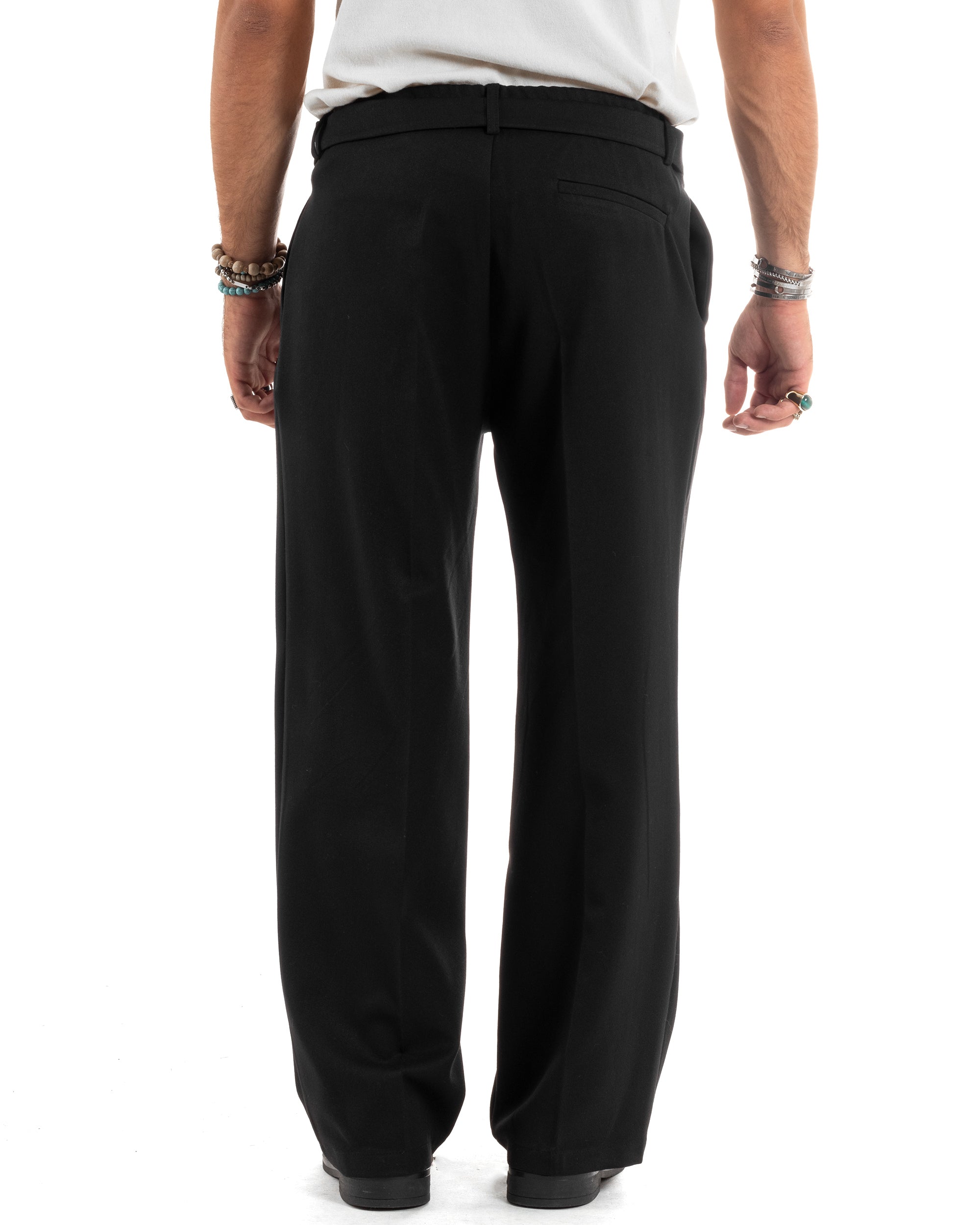 Pantaloni Uomo Viscosa Palazzo Fondo Ampio Jogger Con Pinces E Fusciacca Comodo Casual Tinta Unita Nero GIOSAL-P6189A