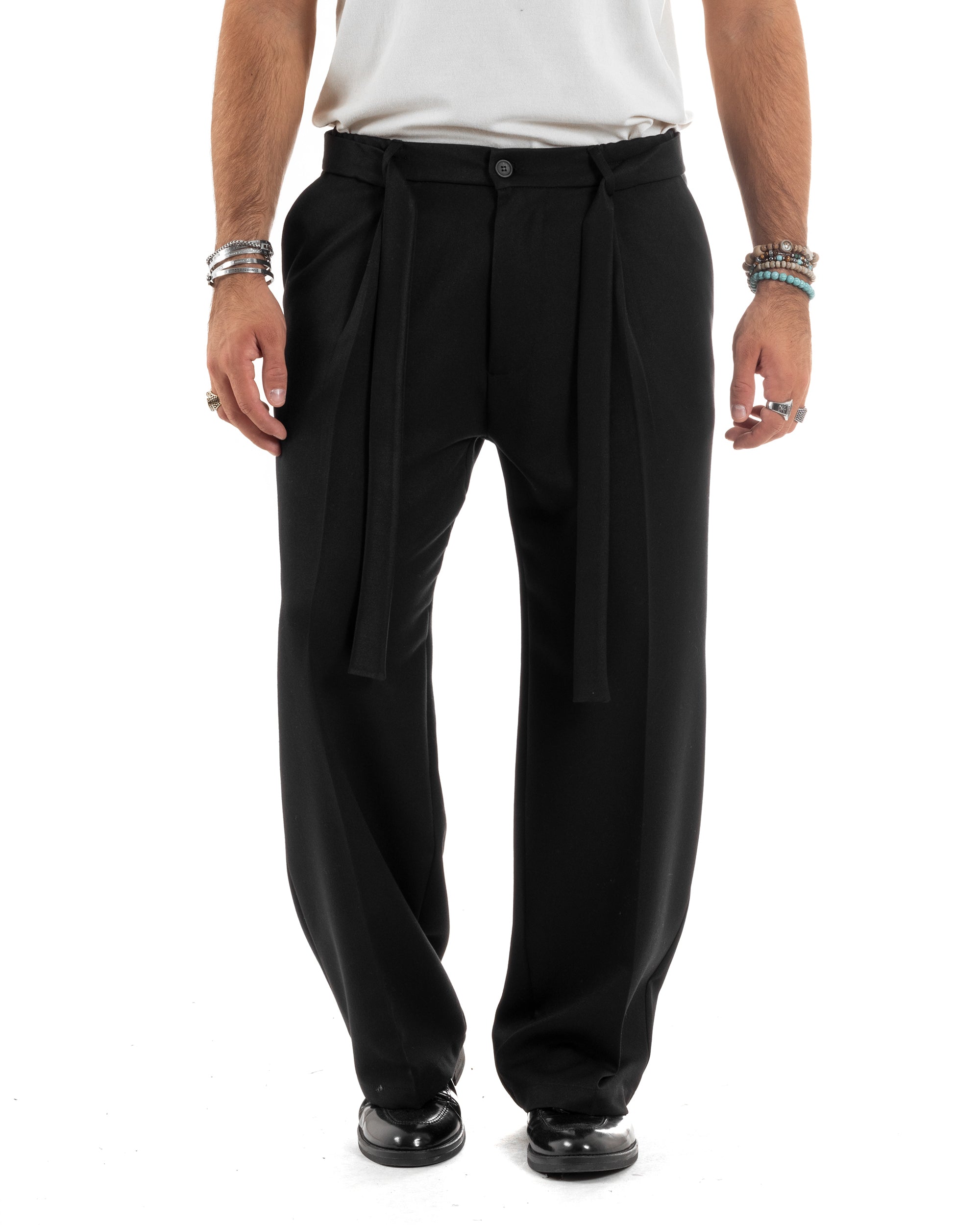 Pantaloni Uomo Viscosa Palazzo Fondo Ampio Jogger Con Pinces E Fusciacca Comodo Casual Tinta Unita Nero GIOSAL-P6189A