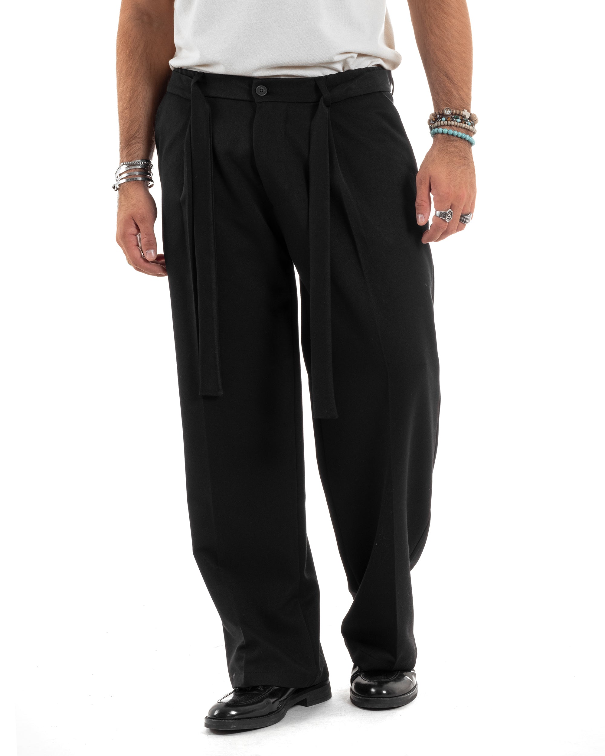 Pantaloni Uomo Viscosa Palazzo Fondo Ampio Jogger Con Pinces E Fusciacca Comodo Casual Tinta Unita Nero GIOSAL-P6189A