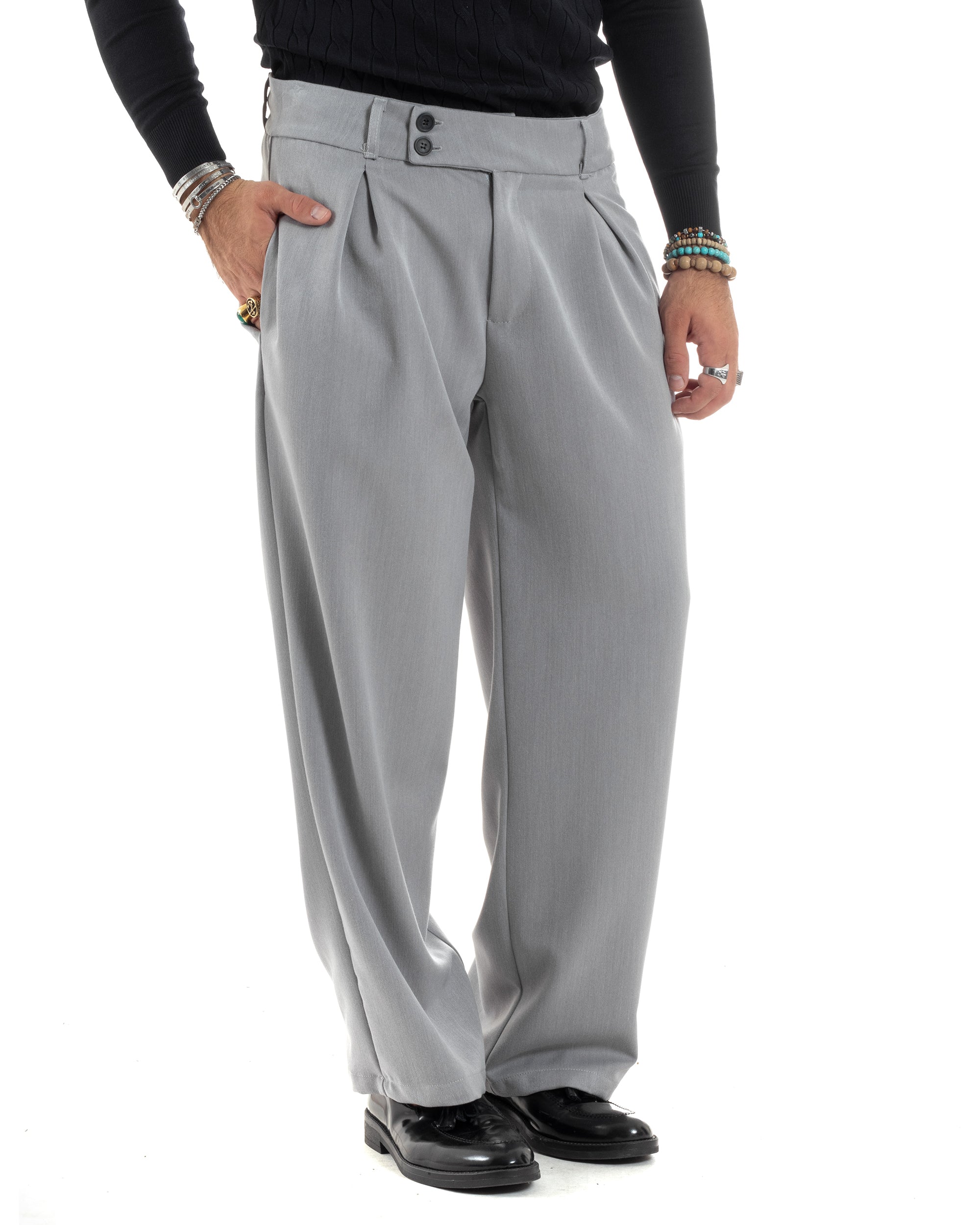 Pantaloni Uomo Viscosa Palazzo Con Pinces Abbottonatura Allungata Fondo Ampio Elegante Wide Leg Comodo Casual Grigio GIOSAL-P6190A