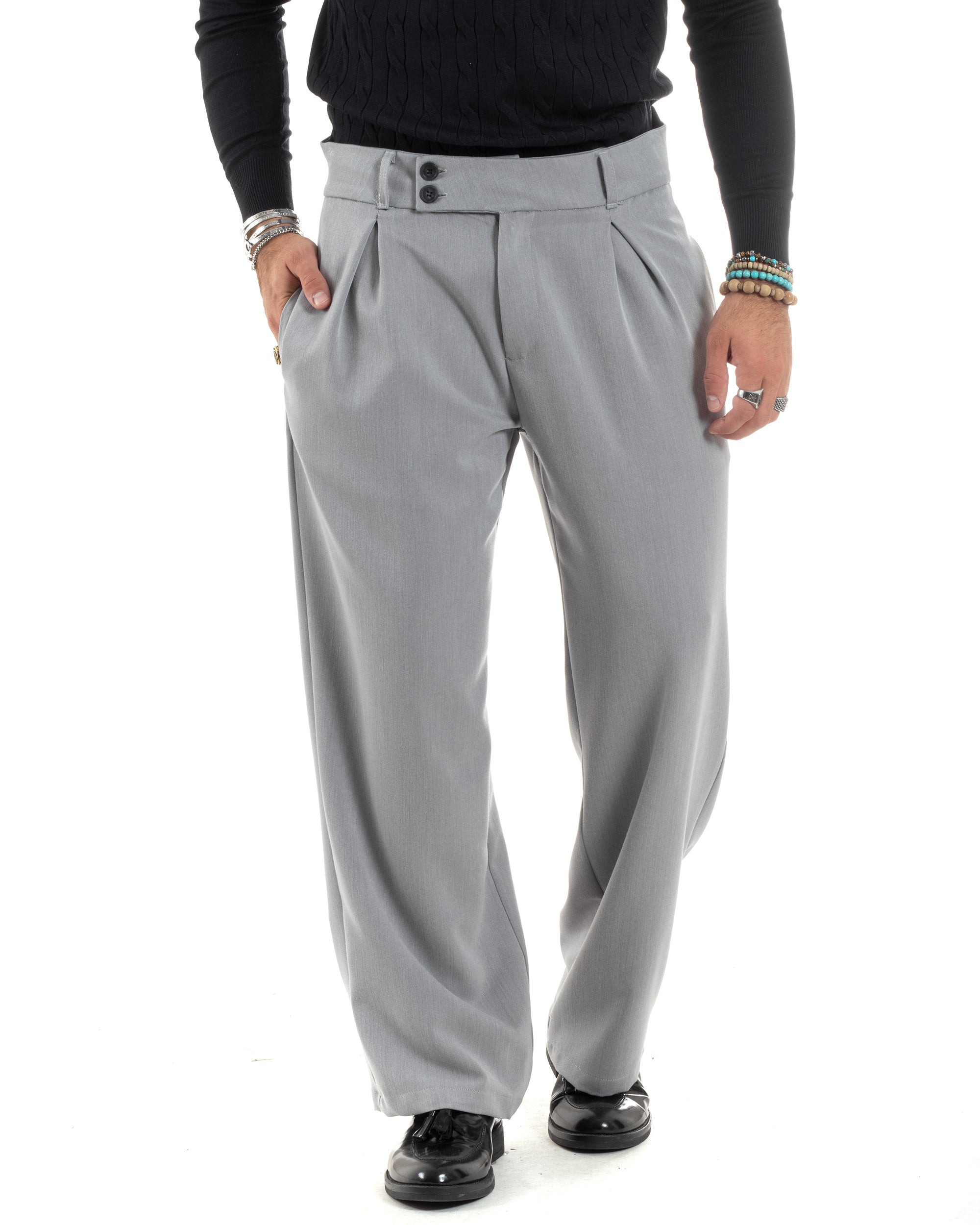 Pantaloni Uomo Viscosa Palazzo Con Pinces Abbottonatura Allungata Fondo Ampio Elegante Wide Leg Comodo Casual Grigio GIOSAL-P6190A