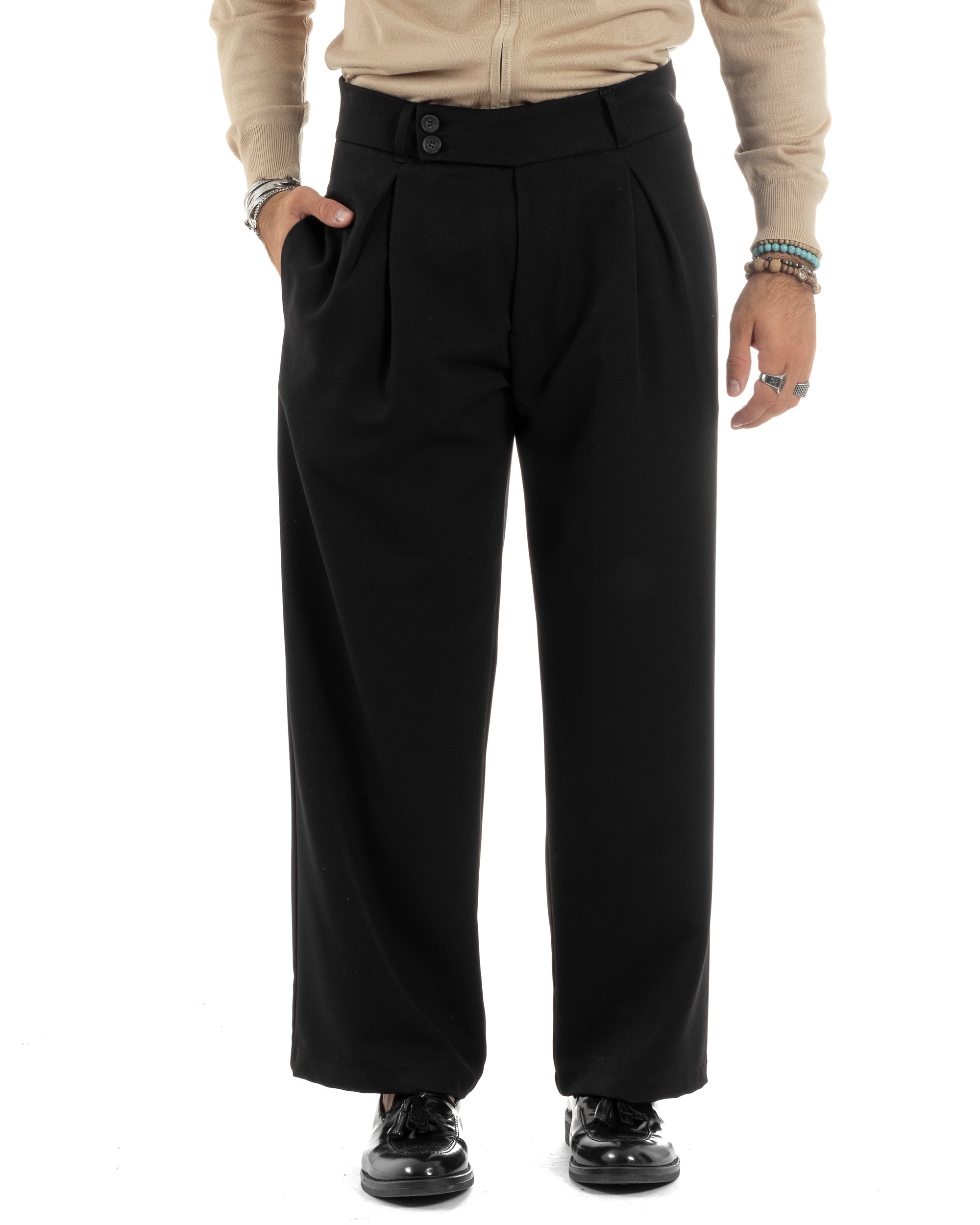 Pantaloni Uomo Viscosa Palazzo Con Pinces Abbottonatura Allungata Fondo Ampio Elegante Wide Leg Comodo Casual Nero GIOSAL-P6191A