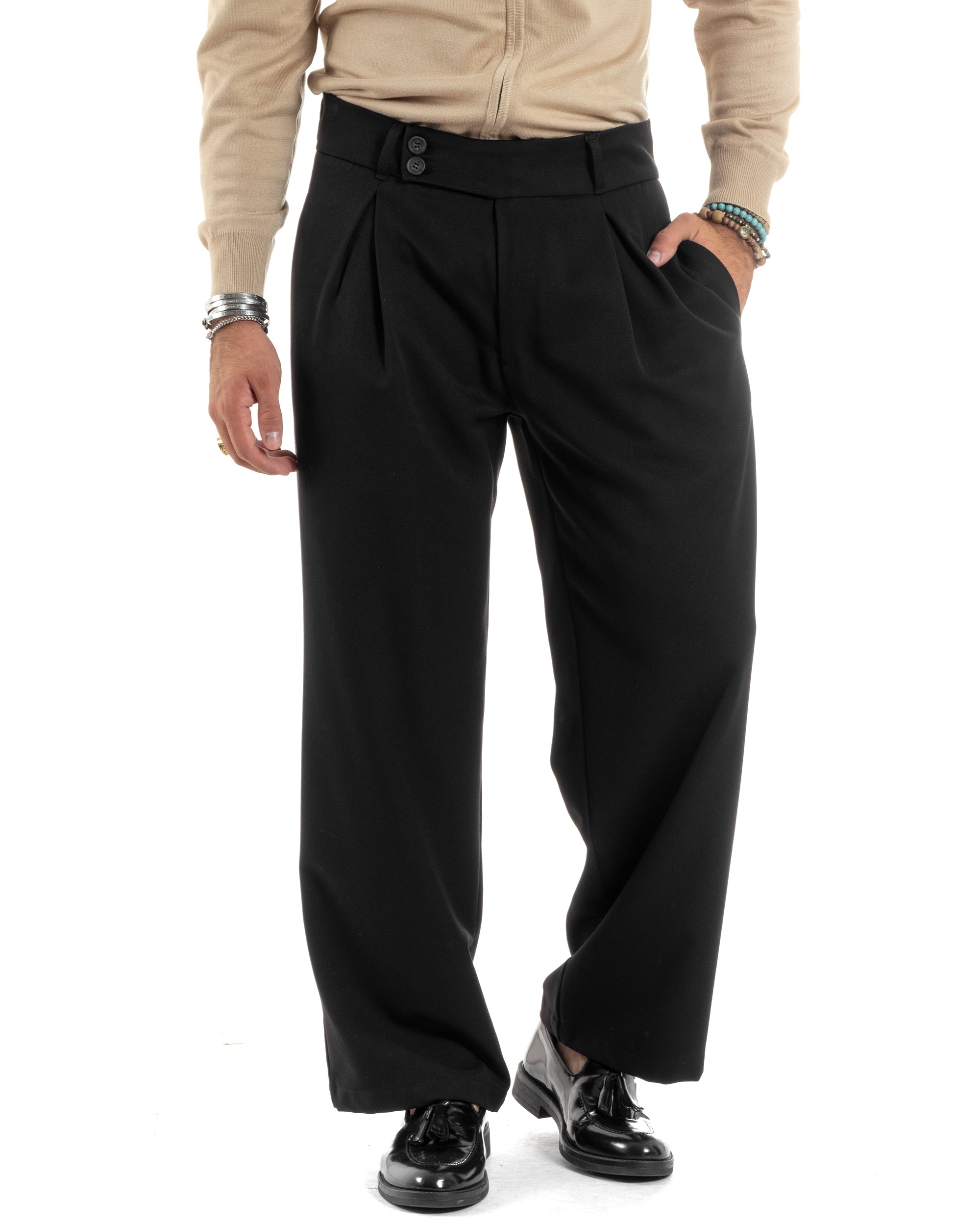 Pantaloni Uomo Viscosa Palazzo Con Pinces Abbottonatura Allungata Fondo Ampio Elegante Wide Leg Comodo Casual Nero GIOSAL-P6191A