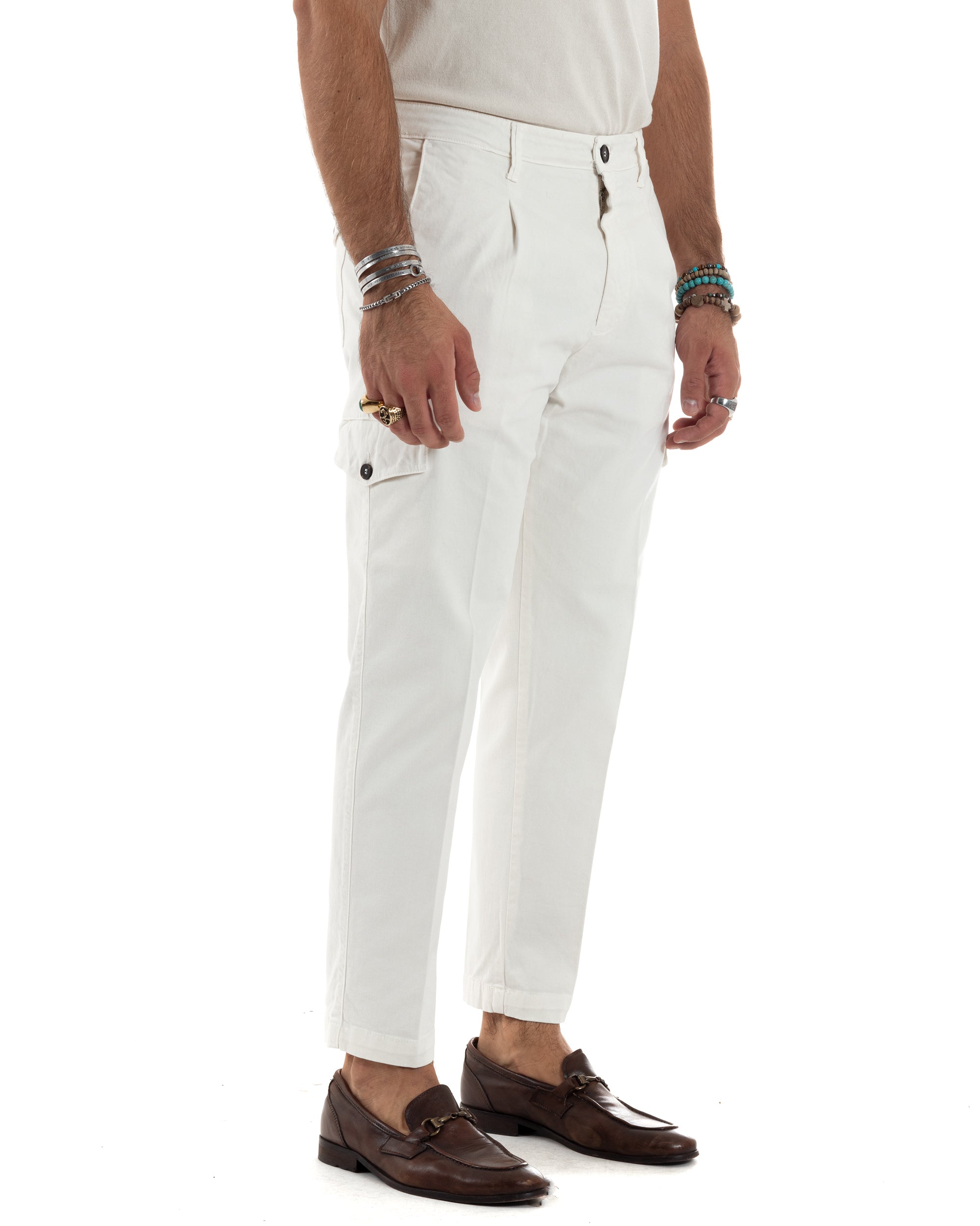 Pantaloni Uomo Cotone Cargo Con Pinces E Tasconi Chino Regular Fit Casual Tinta Unita Panna GIOSAL-P6192A