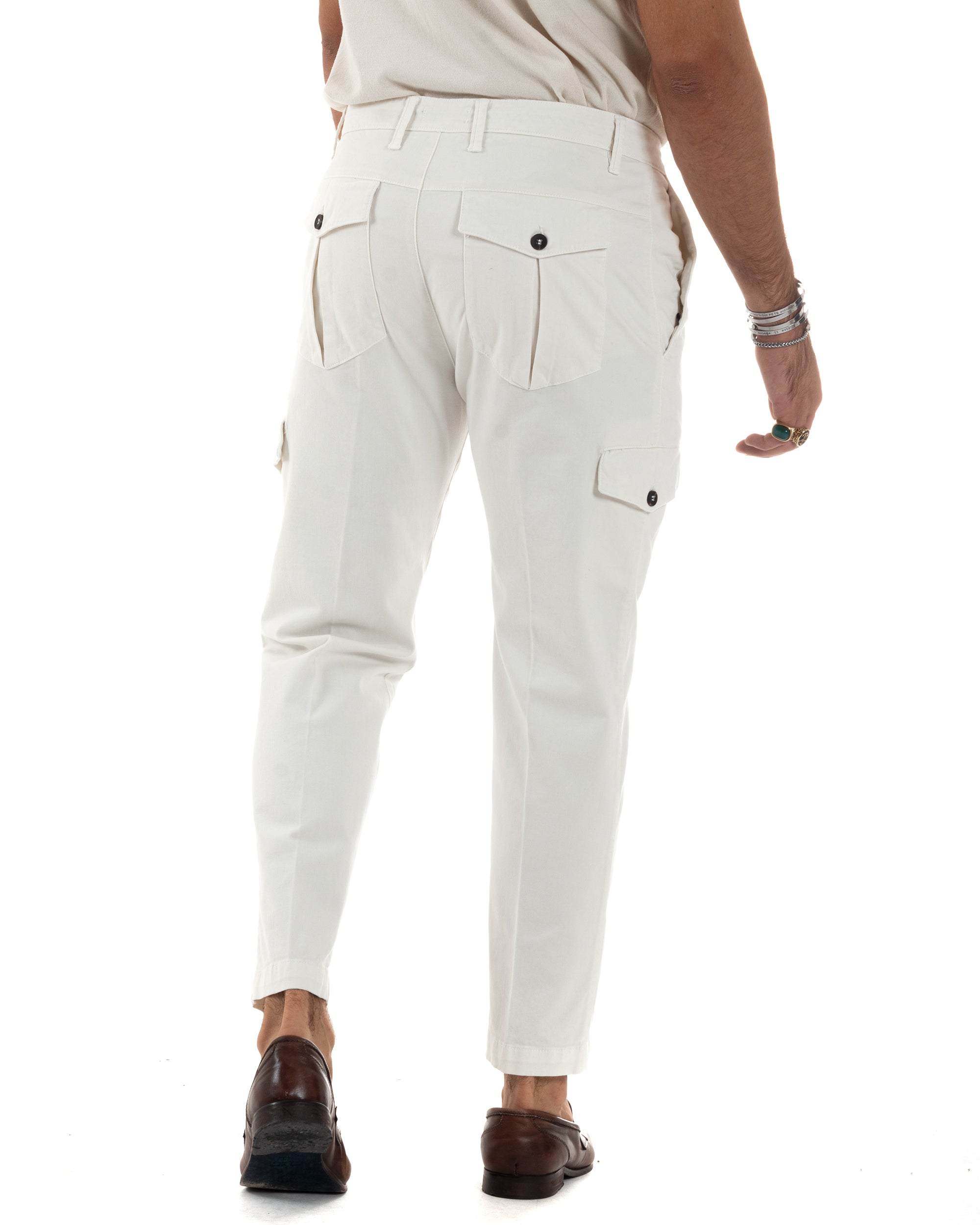 Pantaloni Uomo Cotone Cargo Con Pinces E Tasconi Chino Regular Fit Casual Tinta Unita Panna GIOSAL-P6192A