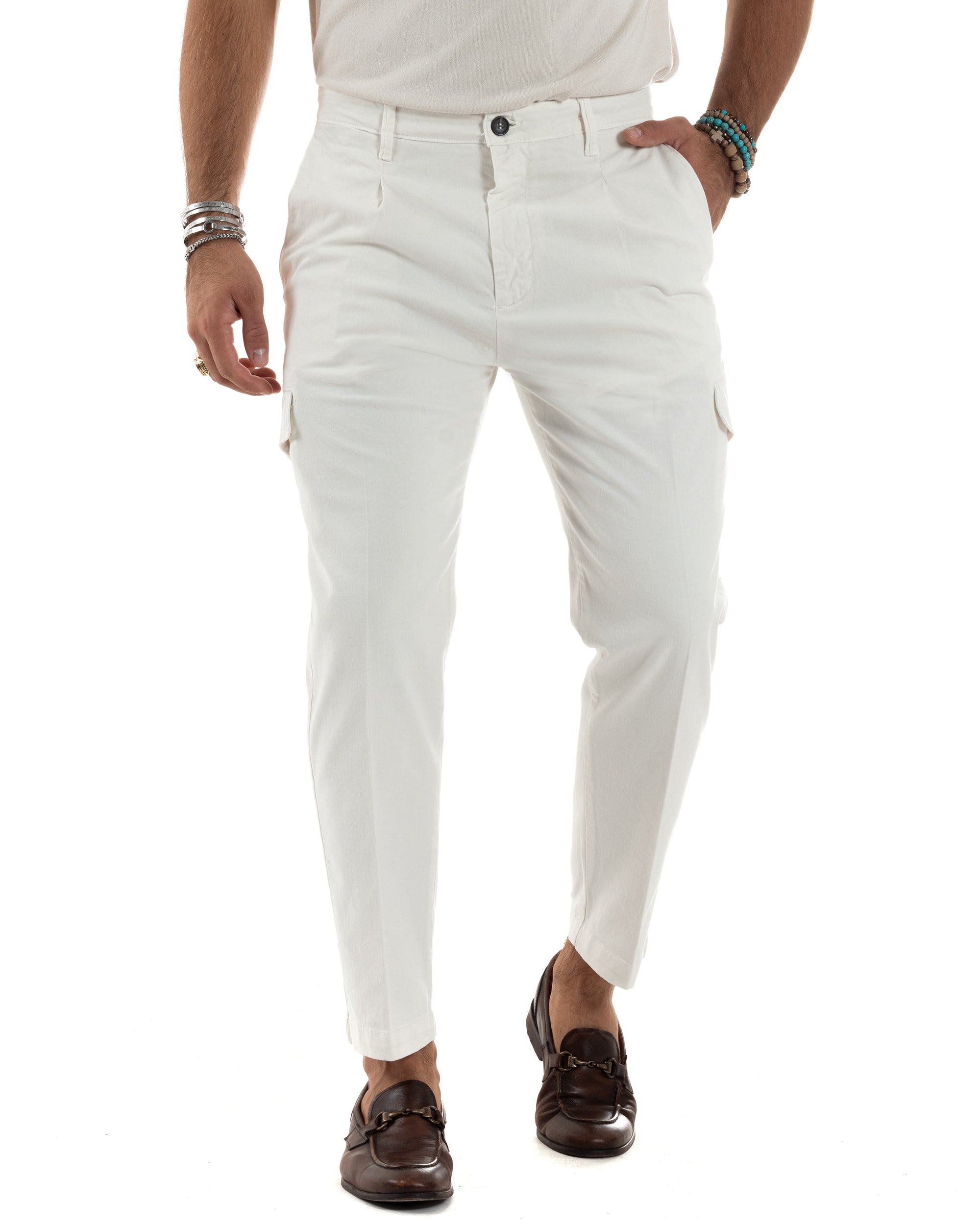 Pantaloni Uomo Cotone Cargo Con Pinces E Tasconi Chino Regular Fit Casual Tinta Unita Panna GIOSAL-P6192A