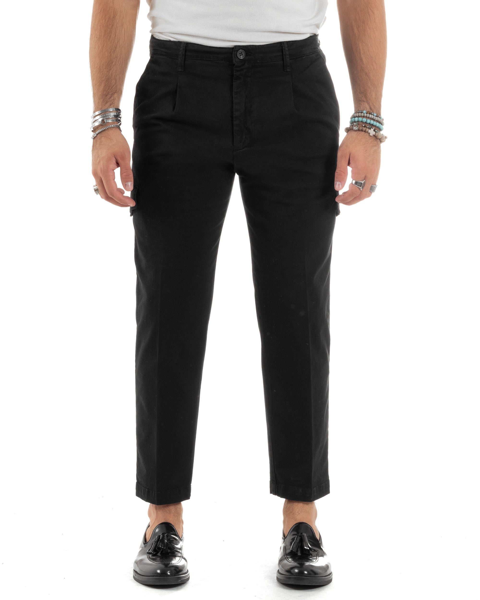 Pantaloni Uomo Cotone Cargo Con Pinces E Tasconi Chino Regular Fit Casual Tinta Unita Nero GIOSAL-P6193A