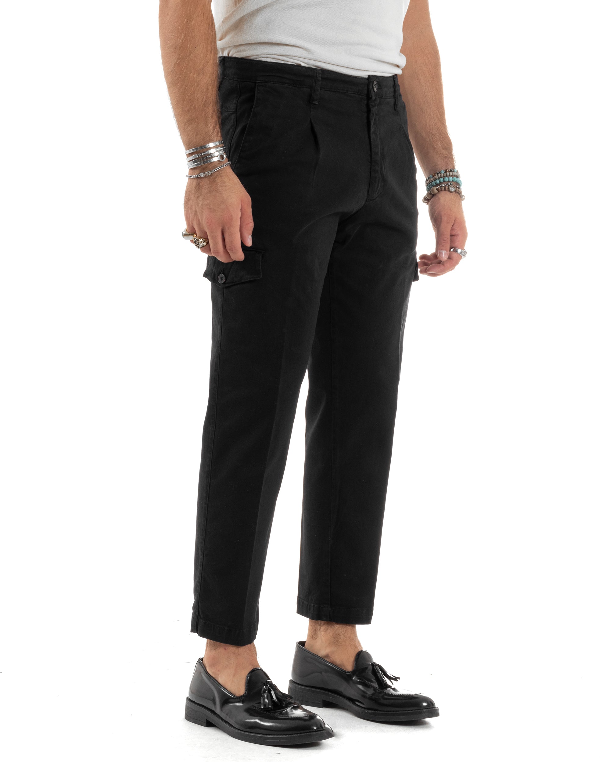 Pantaloni Uomo Cotone Cargo Con Pinces E Tasconi Chino Regular Fit Casual Tinta Unita Nero GIOSAL-P6193A