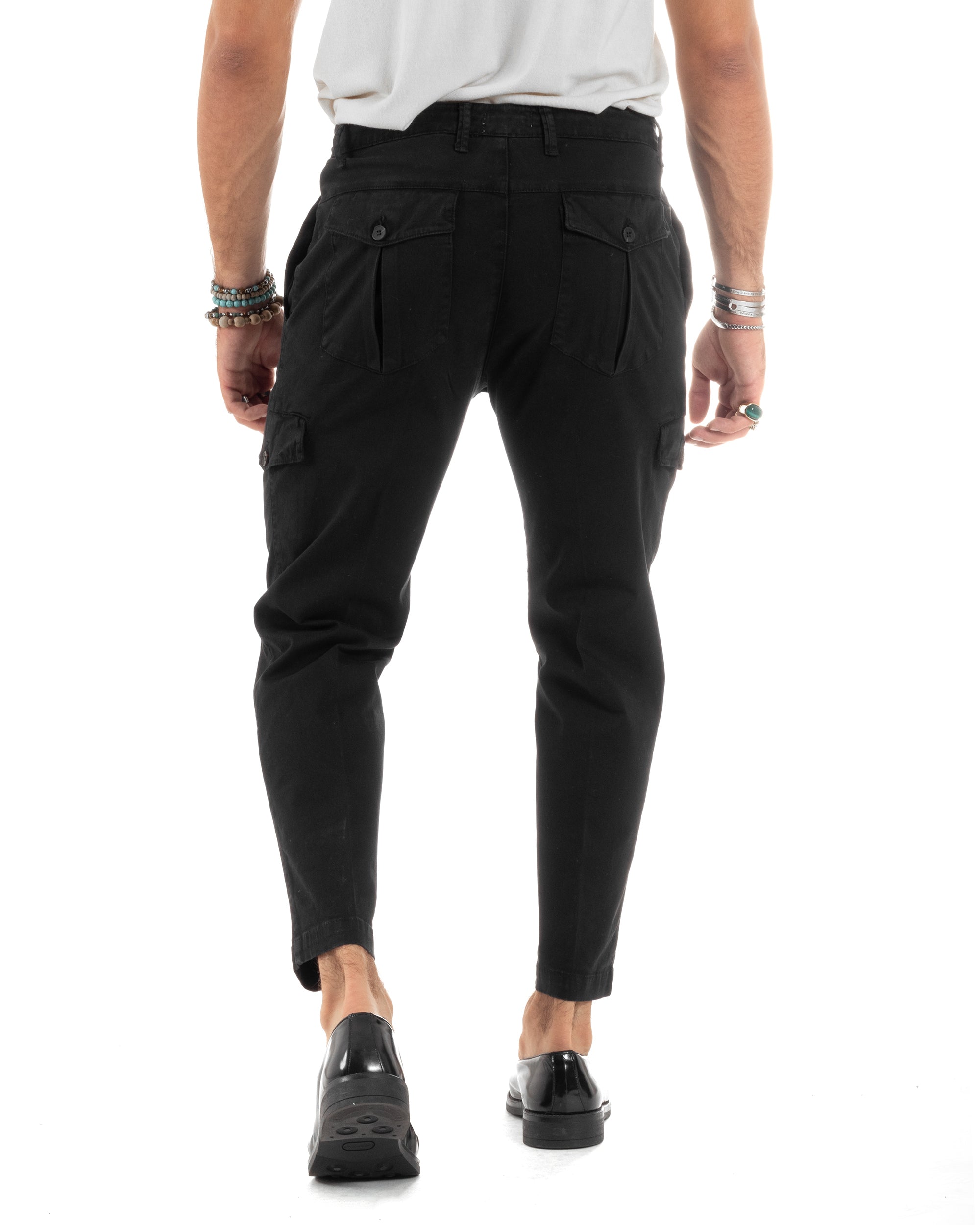 Pantaloni Uomo Cotone Cargo Con Pinces E Tasconi Chino Regular Fit Casual Tinta Unita Nero GIOSAL-P6193A