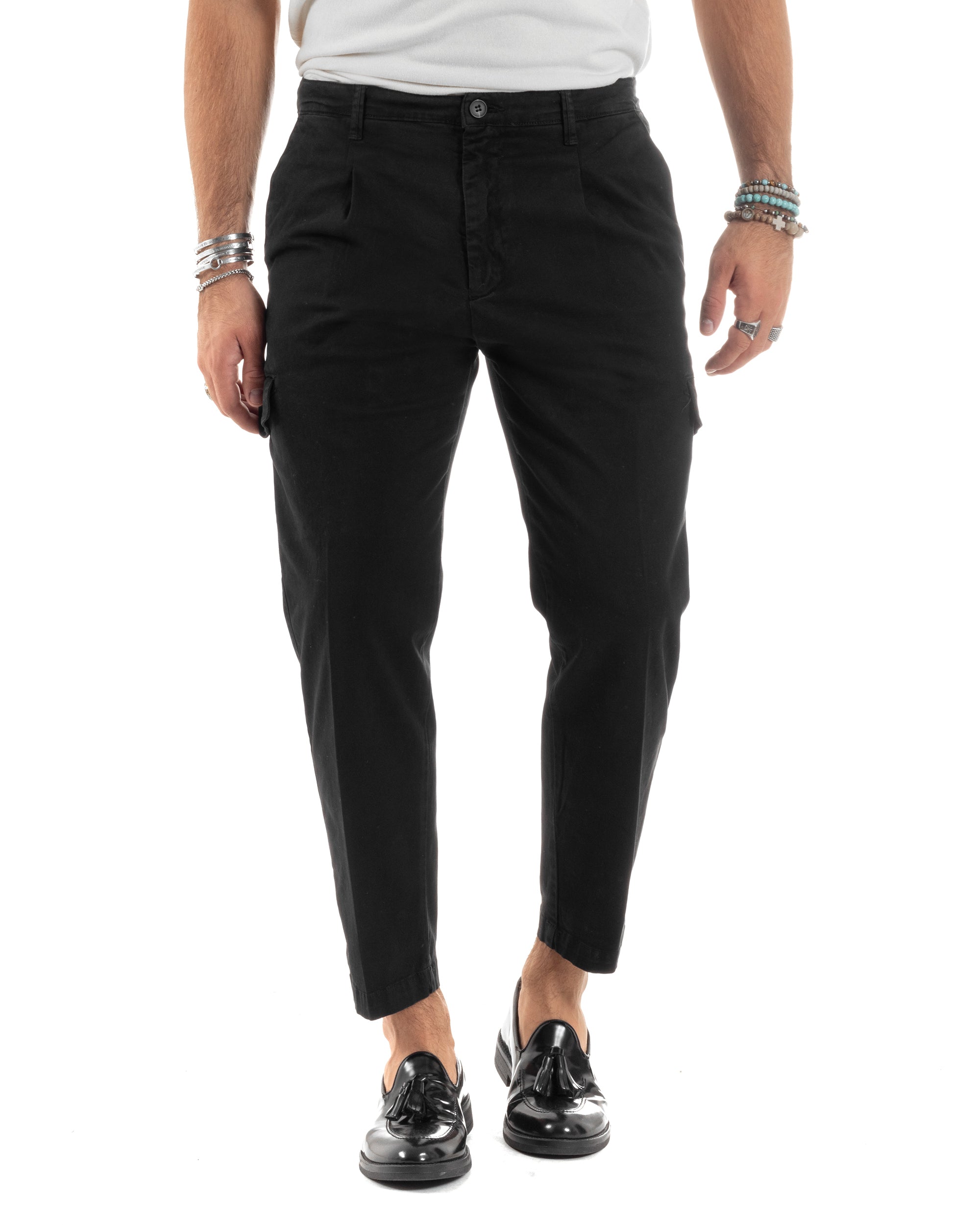 Pantaloni Uomo Cotone Cargo Con Pinces E Tasconi Chino Regular Fit Casual Tinta Unita Nero GIOSAL-P6193A