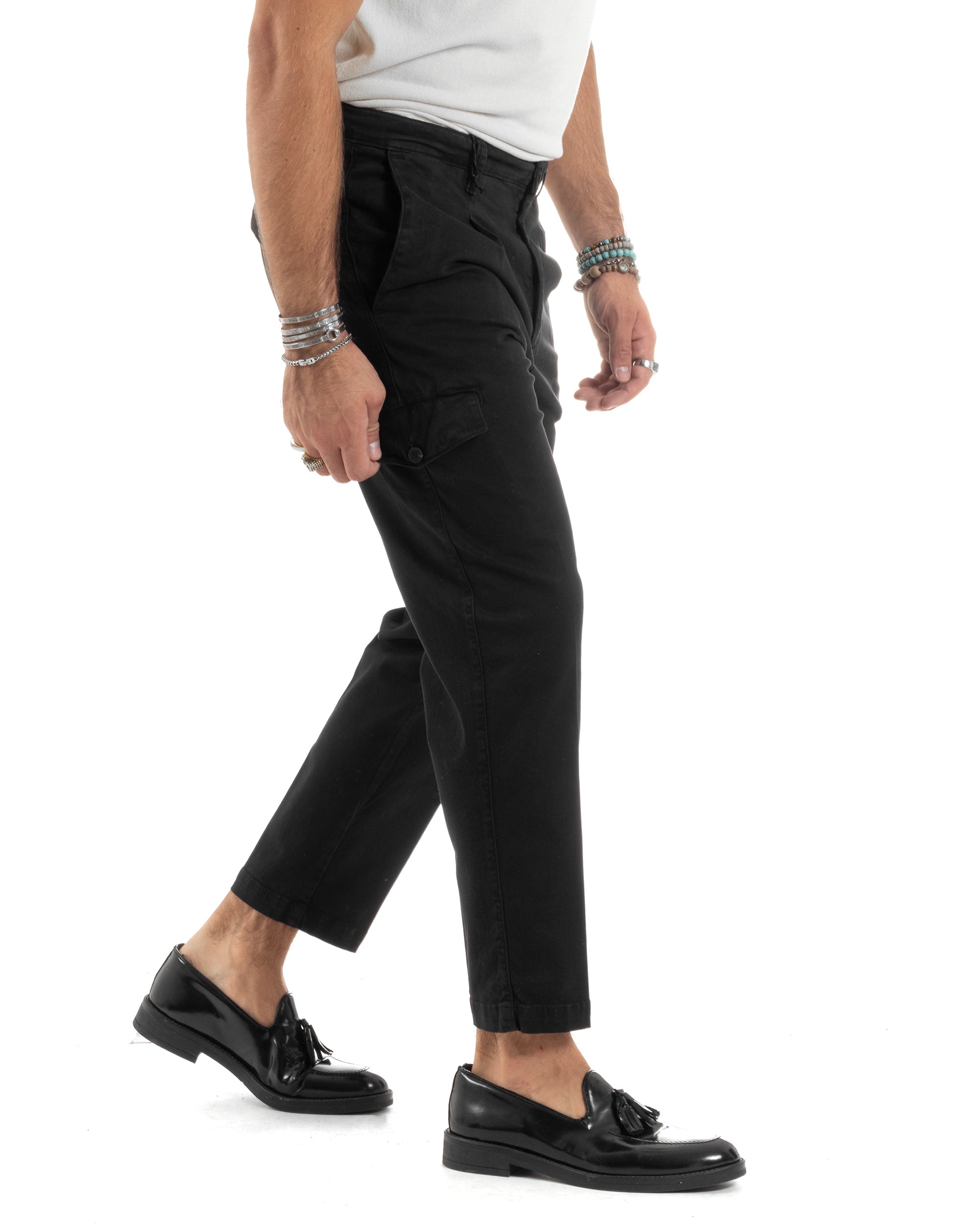 Pantaloni Uomo Cotone Cargo Con Pinces E Tasconi Chino Regular Fit Casual Tinta Unita Nero GIOSAL-P6193A