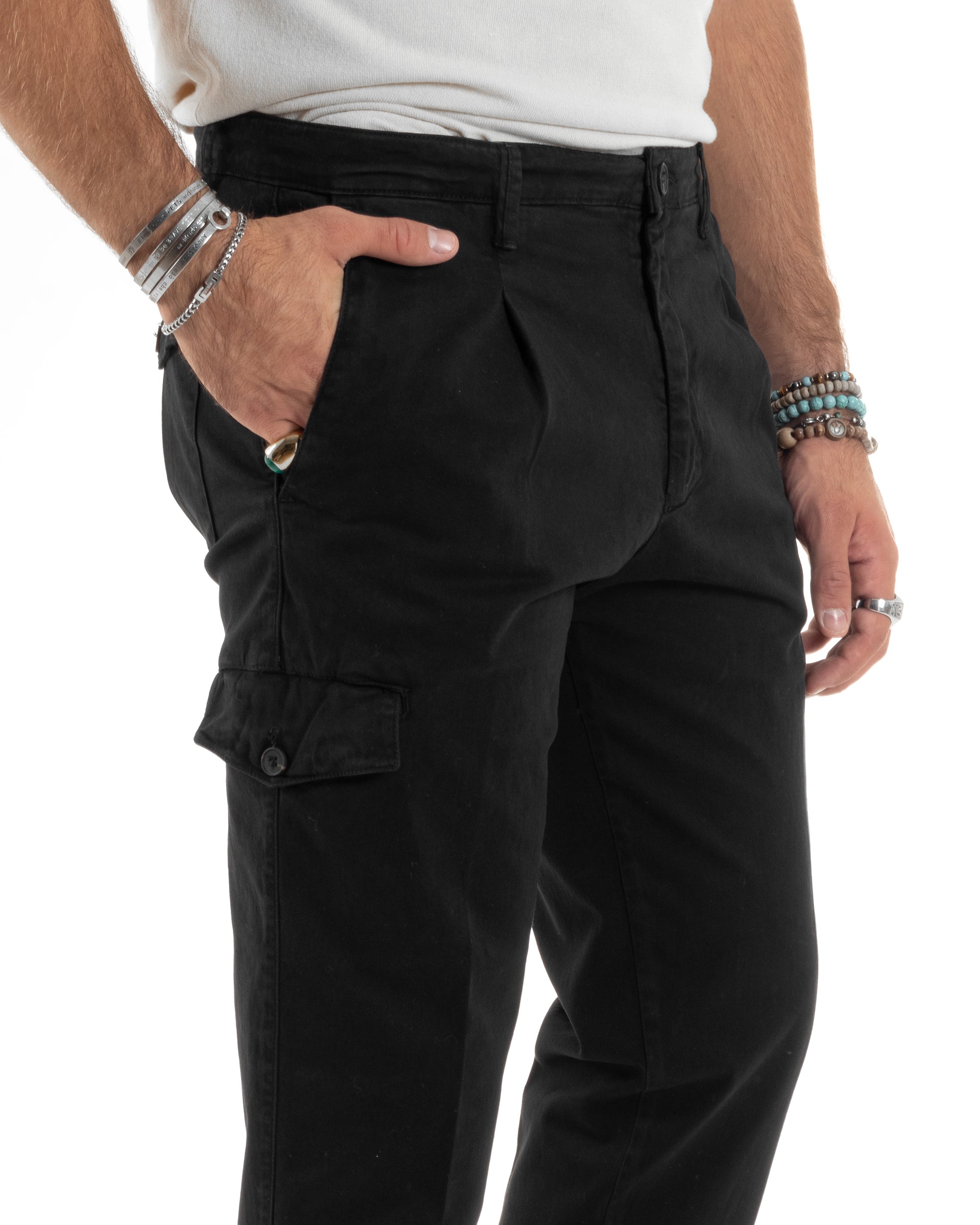 Pantaloni Uomo Cotone Cargo Con Pinces E Tasconi Chino Regular Fit Casual Tinta Unita Nero GIOSAL-P6193A