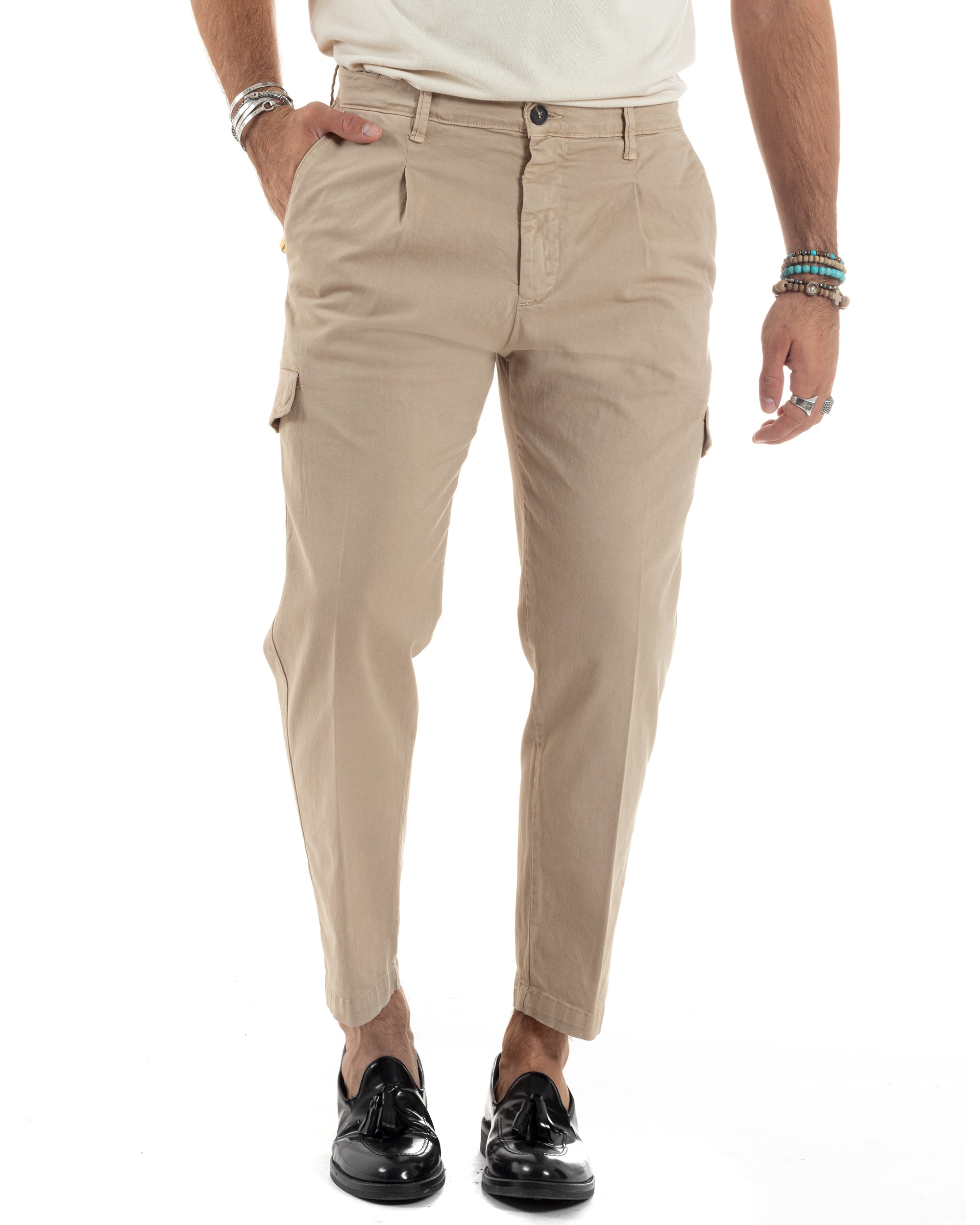 Pantaloni Uomo Cotone Cargo Con Pinces E Tasconi Chino Regular Fit Casual Tinta Unita Beige GIOSAL-P6194A