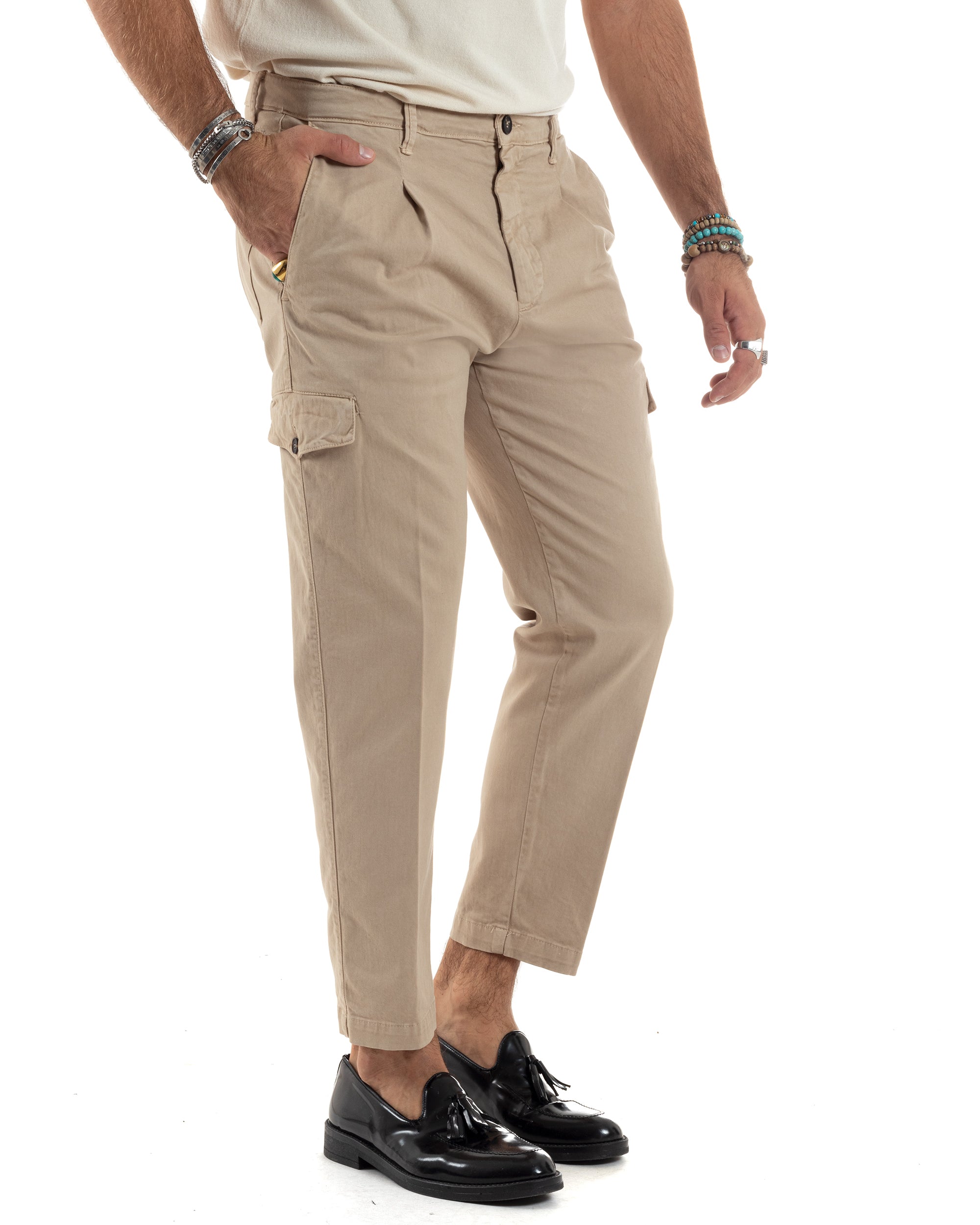 Pantaloni Uomo Cotone Cargo Con Pinces E Tasconi Chino Regular Fit Casual Tinta Unita Beige GIOSAL-P6194A