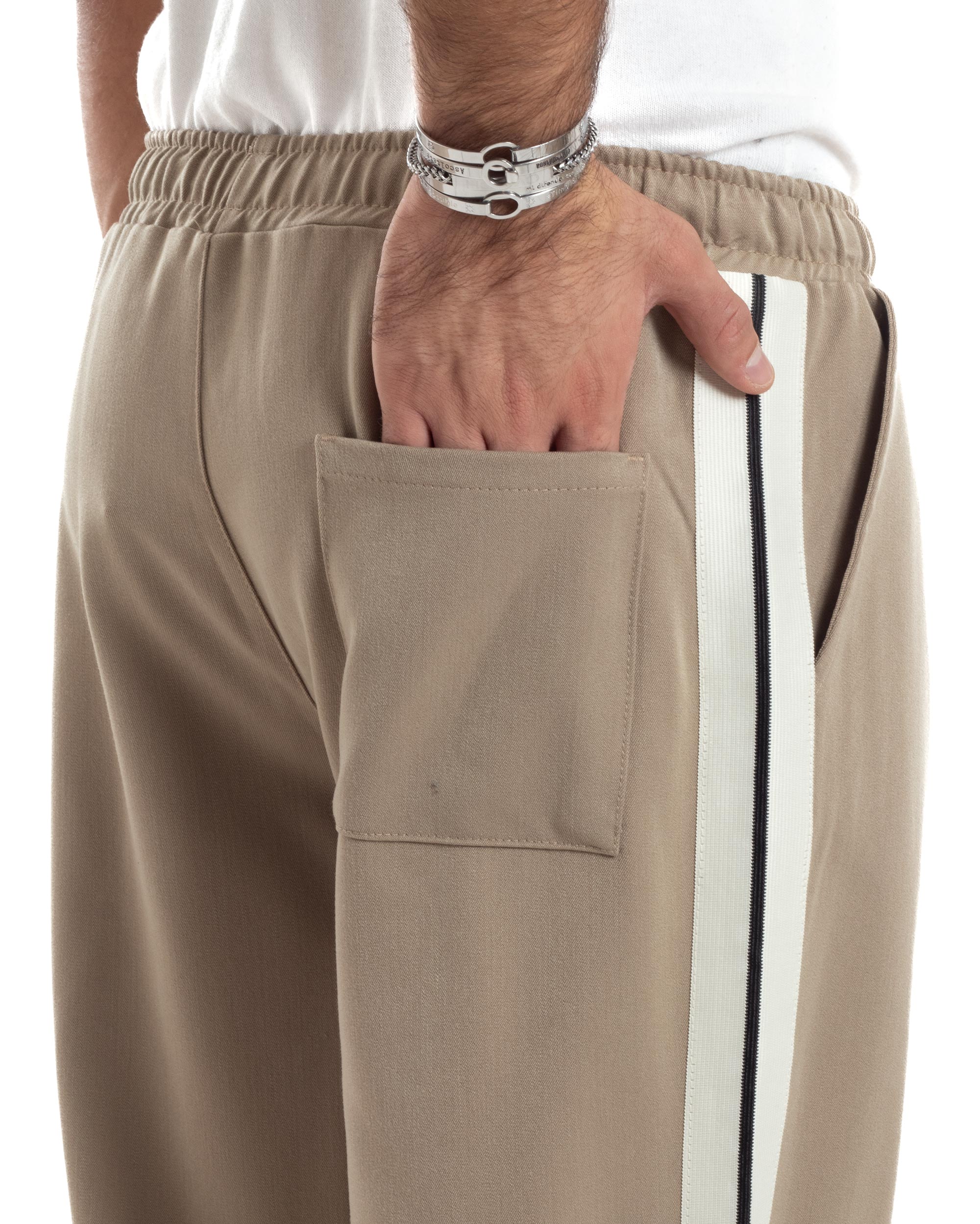 Pantalaccio Uomo Pantaloni Con Coulisse Morbido Viscosa Baggy Fondo Largo Comodo Beige Riga Lato GIOSAL-P6195A