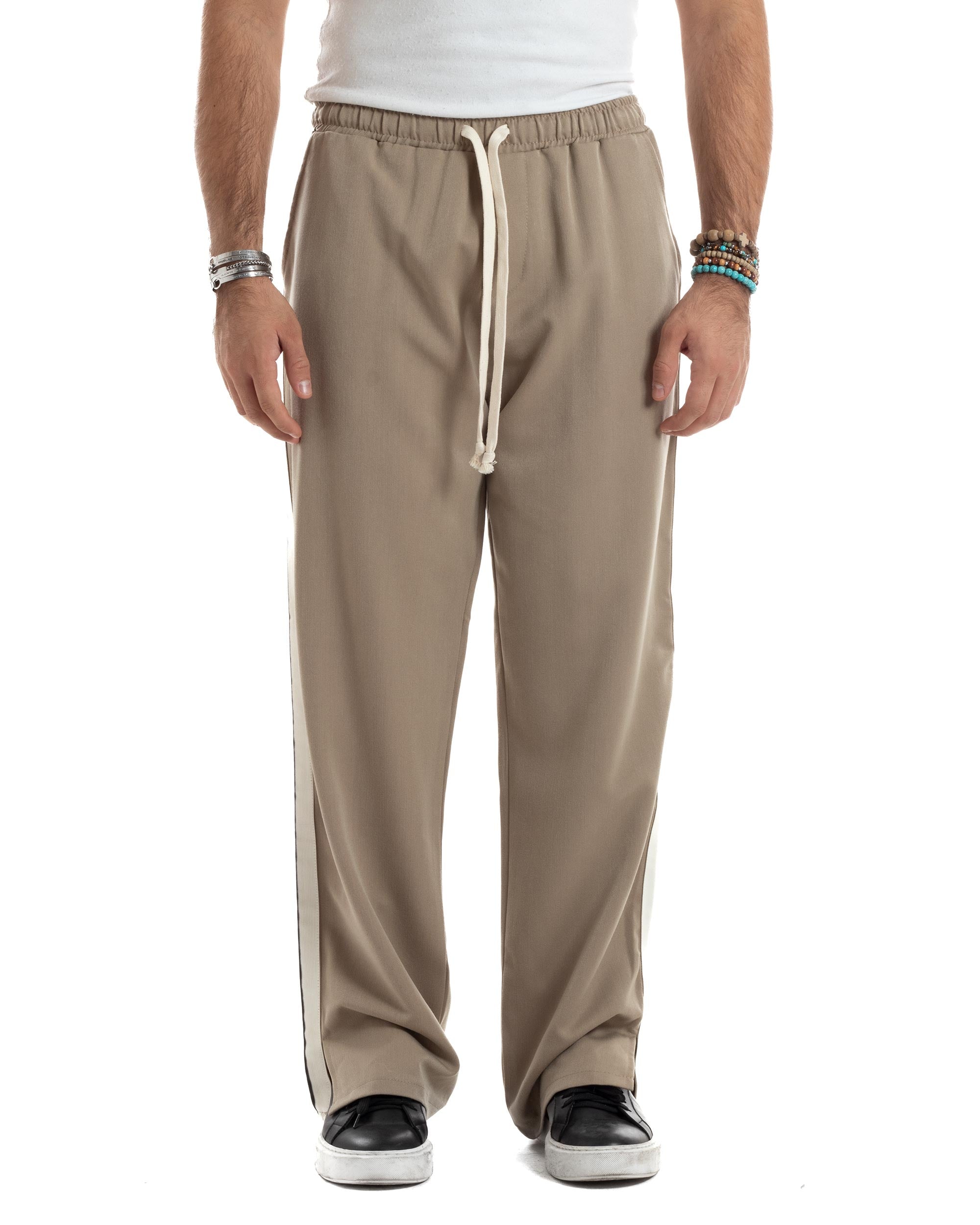 Pantalaccio Uomo Pantaloni Con Coulisse Morbido Viscosa Baggy Fondo Largo Comodo Beige Riga Lato GIOSAL-P6195A