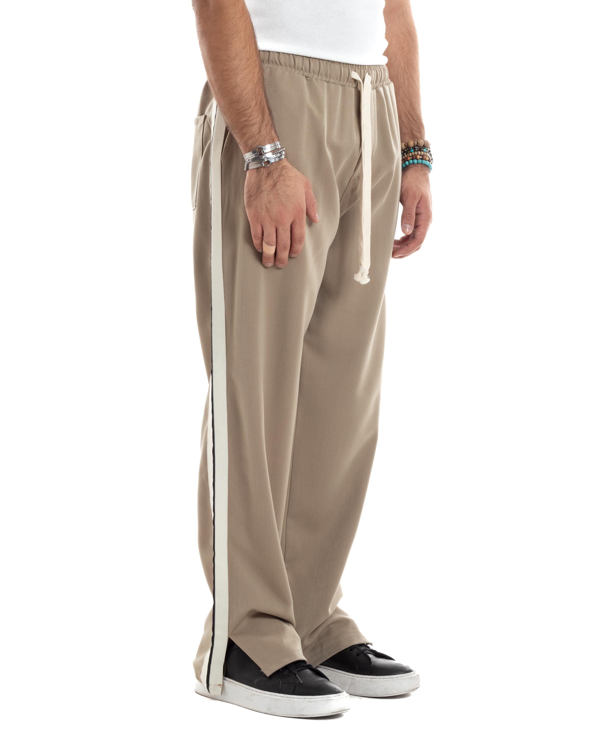 Pantalaccio Uomo Pantaloni Con Coulisse Morbido Viscosa Baggy Fondo Largo Comodo Beige Riga Lato GIOSAL-P6195A